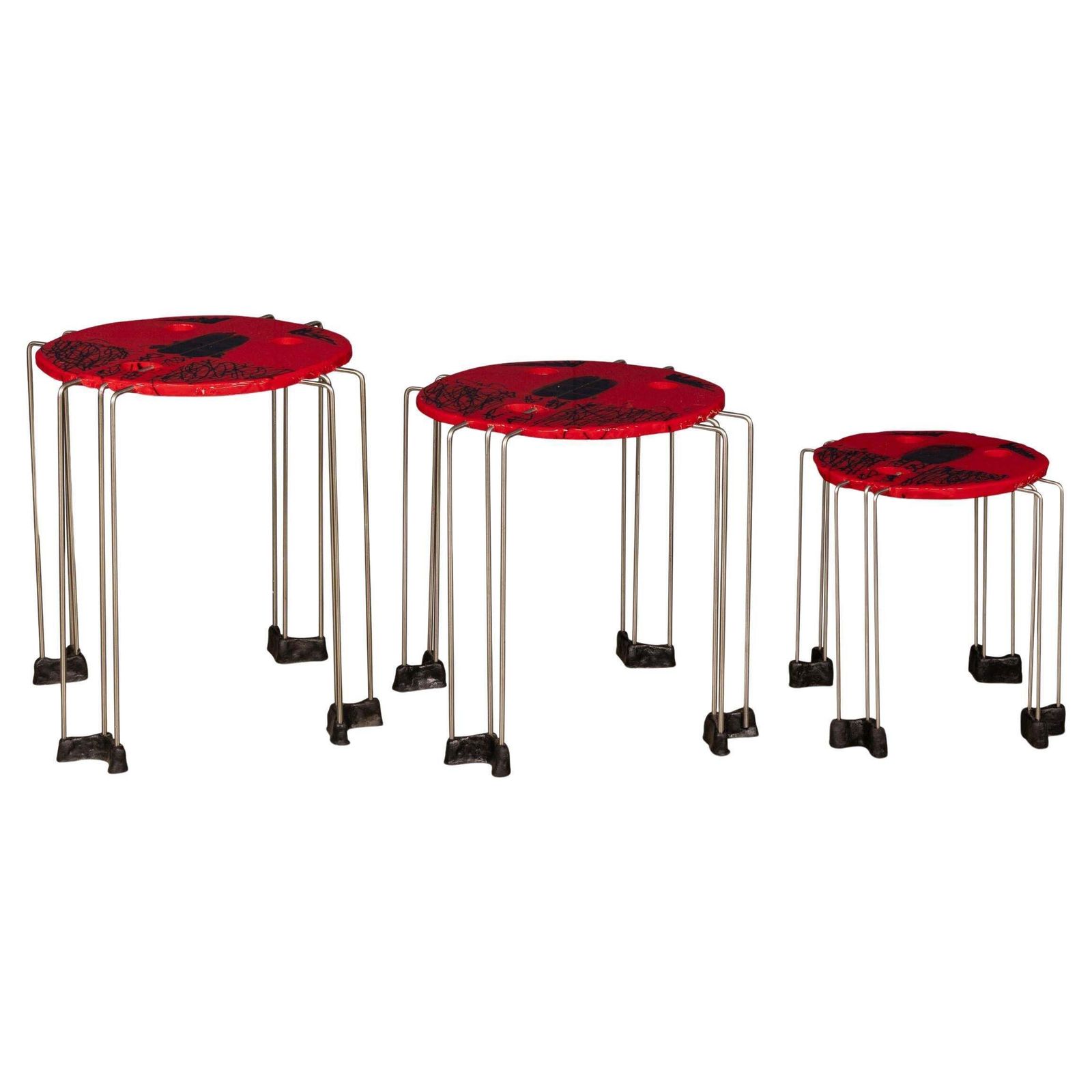 Gaetano Pesce Set Of 3 Red Resin Fish Design Tables From Italy
