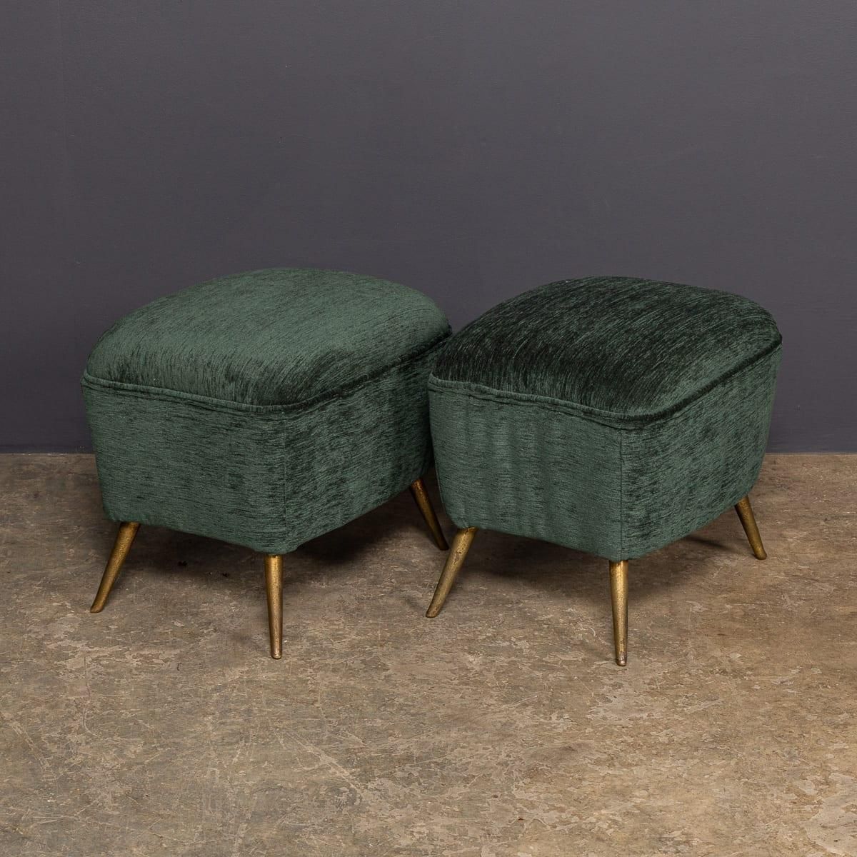 Vintage 20thc Italian Pair Of Green Fabric Armchairs With Ottomans C.1950 photo buy