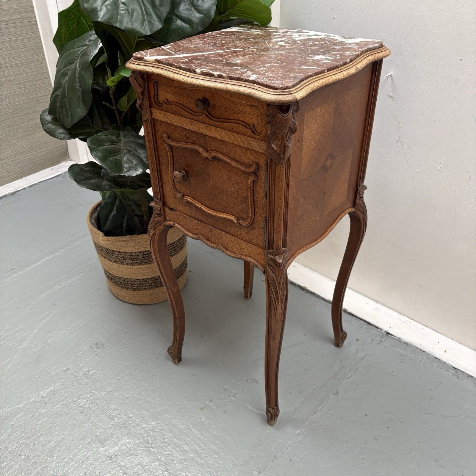 Antique French Louis XV Style Walnut & Marble Top Bedside Cabinet Nightstand
