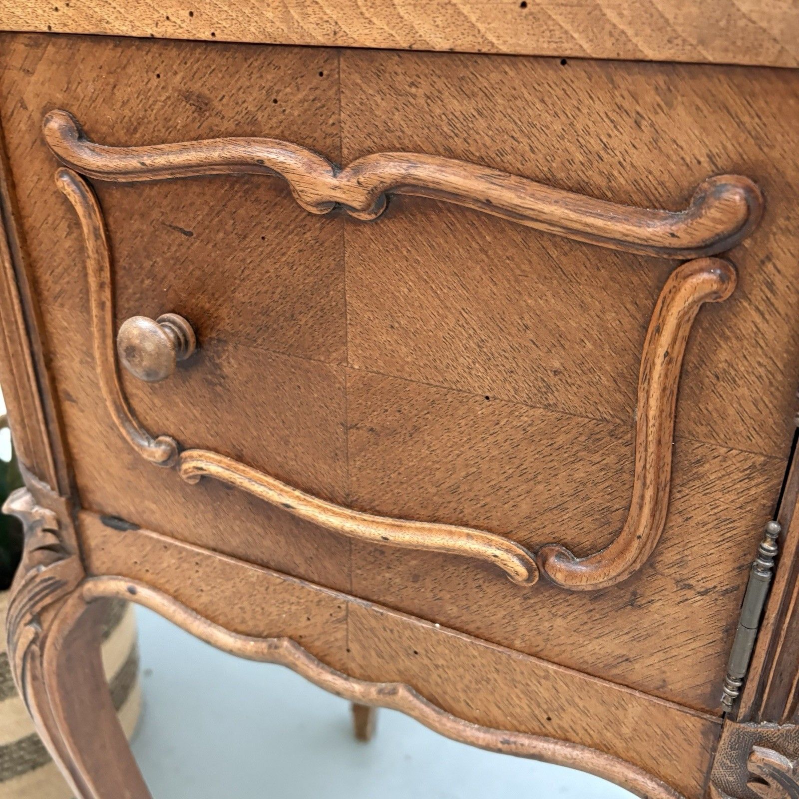 Antique French Louis XV Style Walnut & Marble Top Bedside Cabinet Nightstand photo vinterior