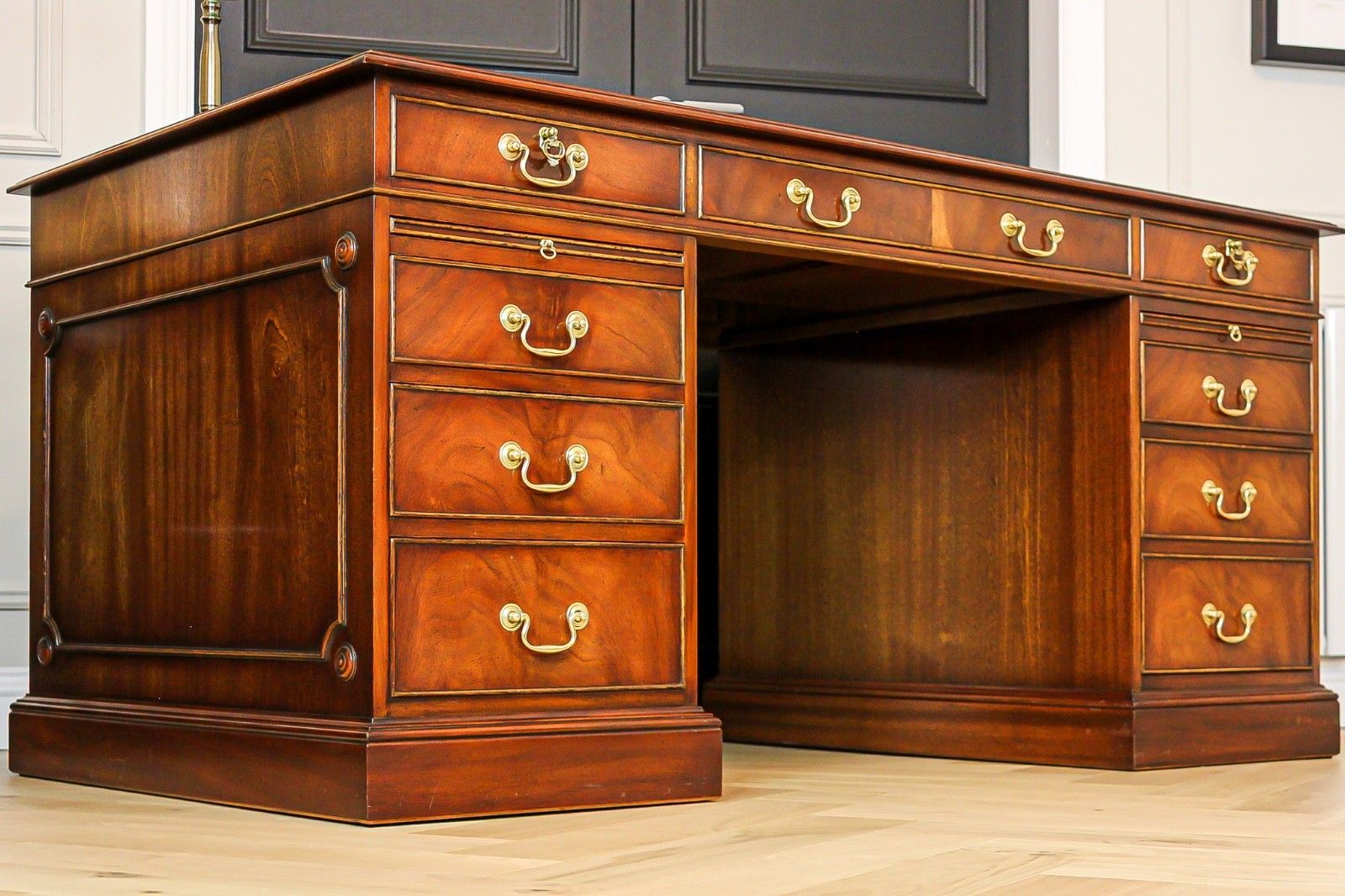 Antique Mahogany Pedestal Partners Leather Top Desk, Captains Chair & Cabinet photo furniture