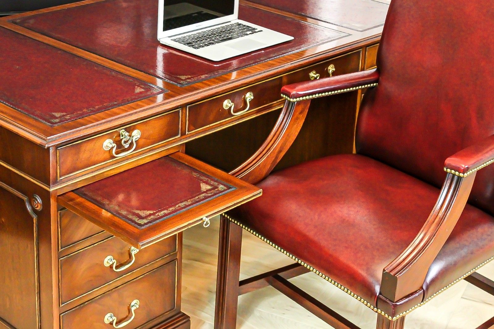 Antique Mahogany Pedestal Partners Leather Top Desk, Captains Chair & Cabinet photo for sale