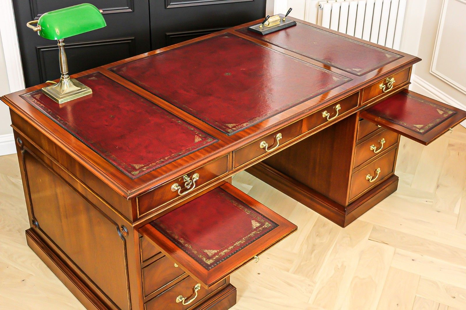 Antique Mahogany Pedestal Partners Leather Top Desk, Captains Chair & Cabinet photo Furniture