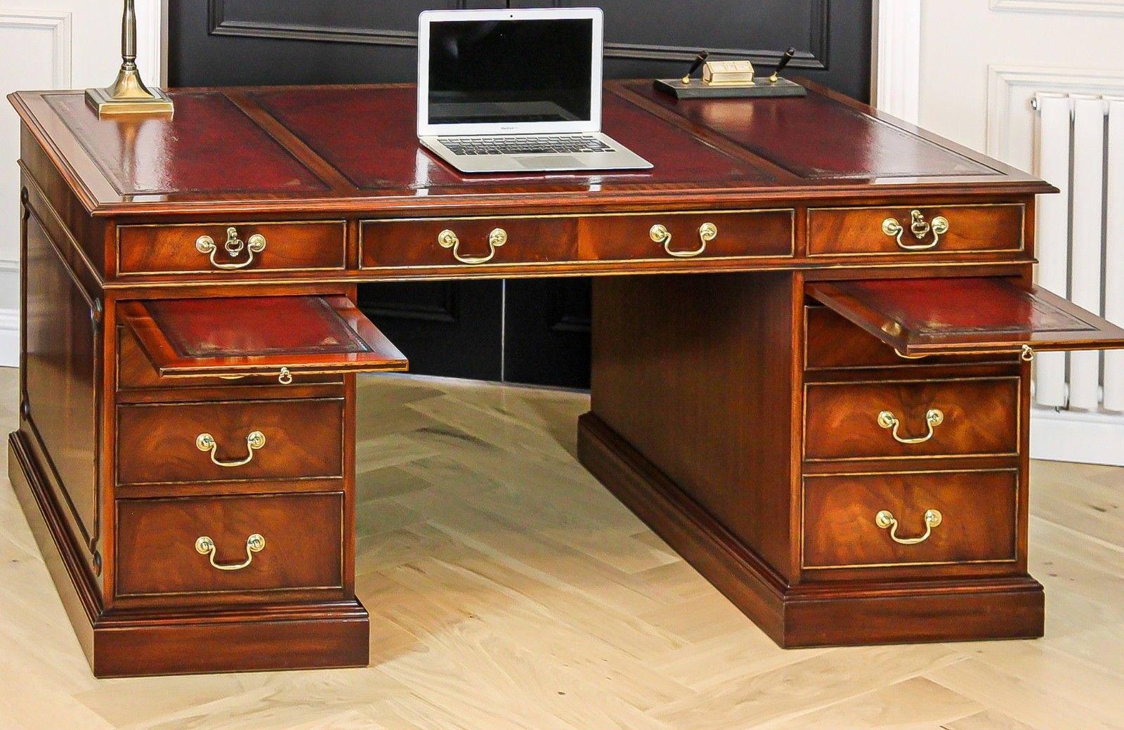 Antique Mahogany Pedestal Partners Leather Top Desk, Captains Chair & Cabinet photo 2495.0