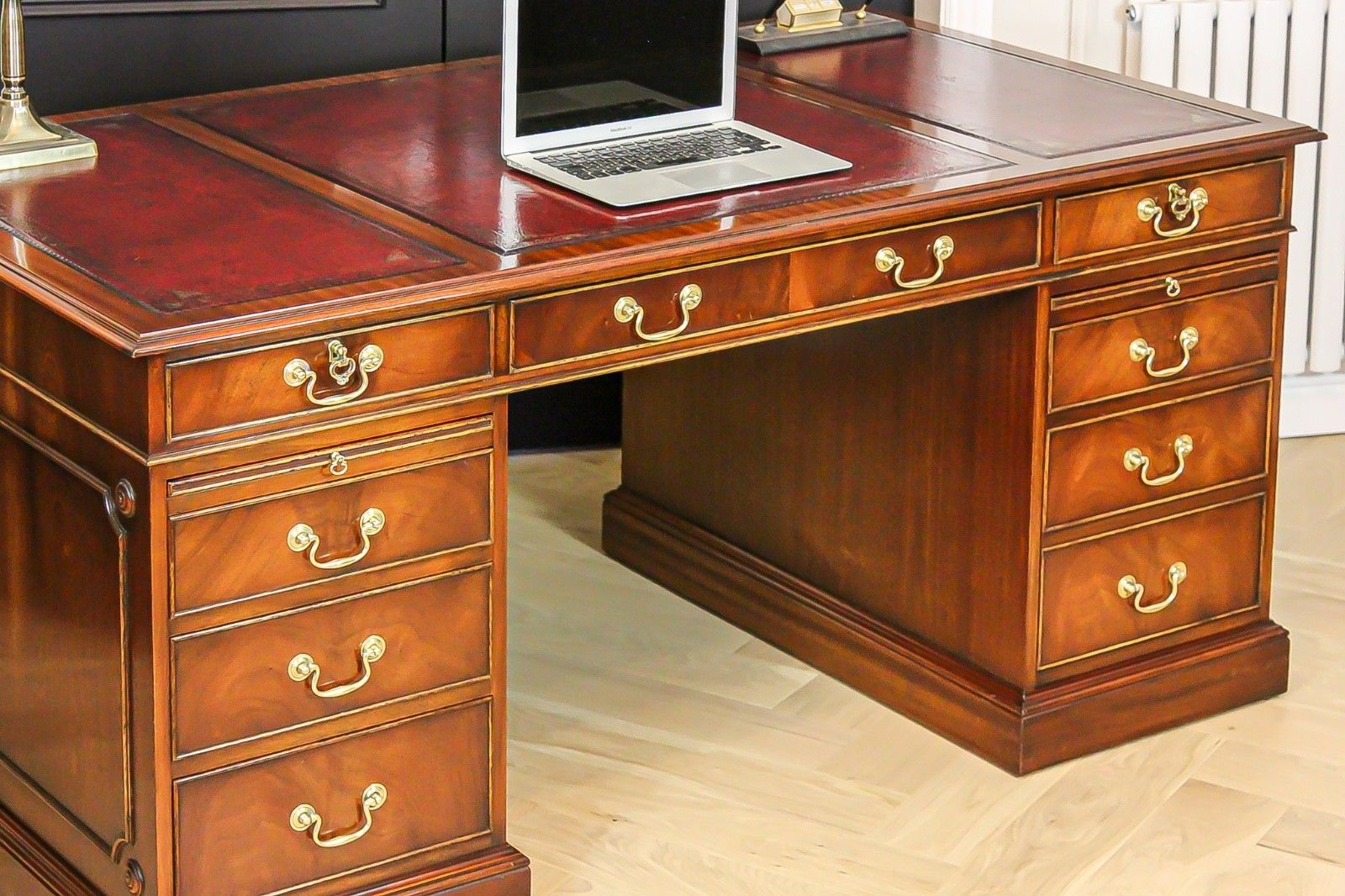 photo for sale Antique Mahogany Pedestal Partners Leather Top Desk, Captains Chair & Cabinet
