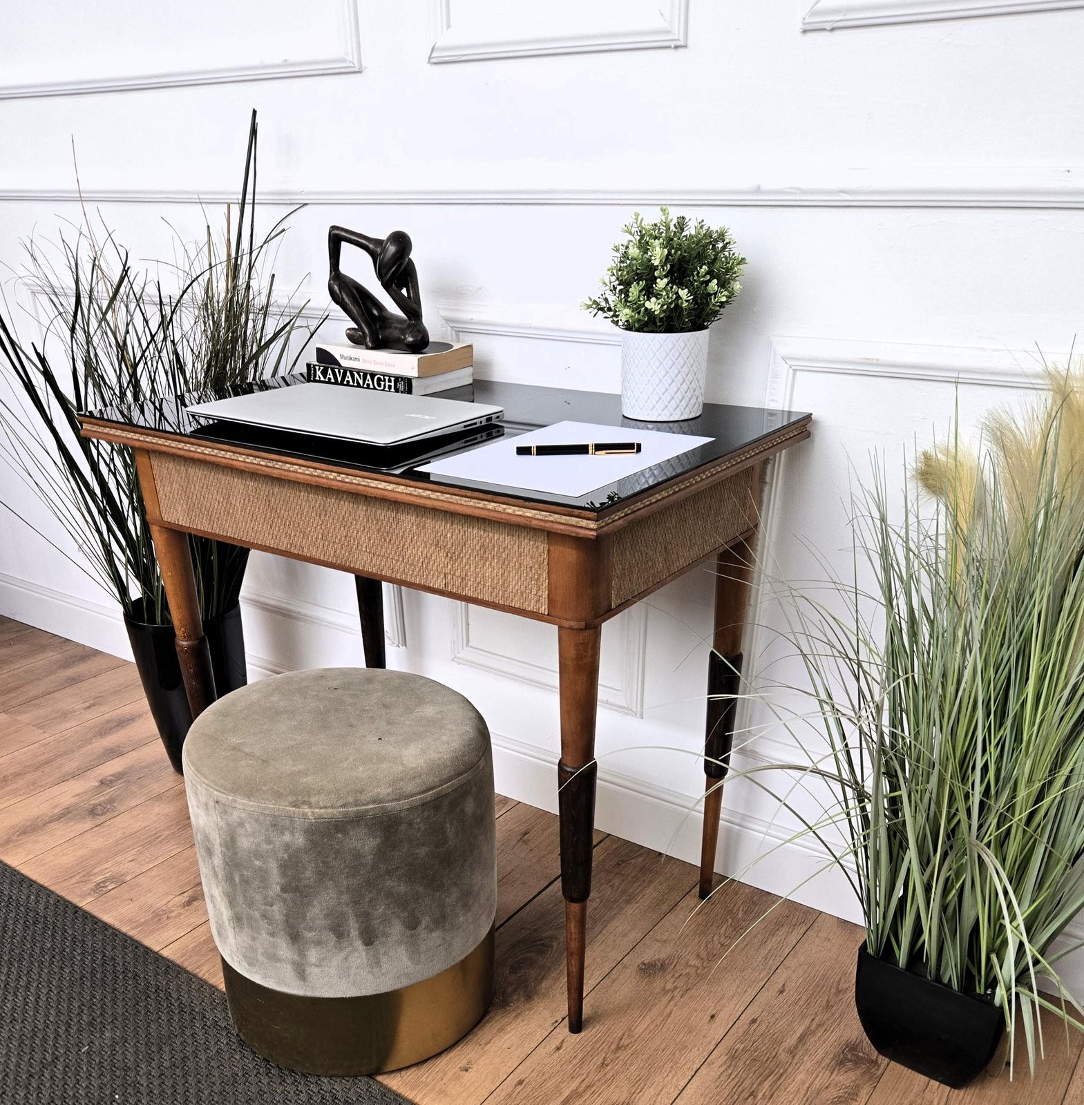 1960s Mid Century Italian Walnut Rattan And Black Glass Top Writing Desk Table photo Furniture