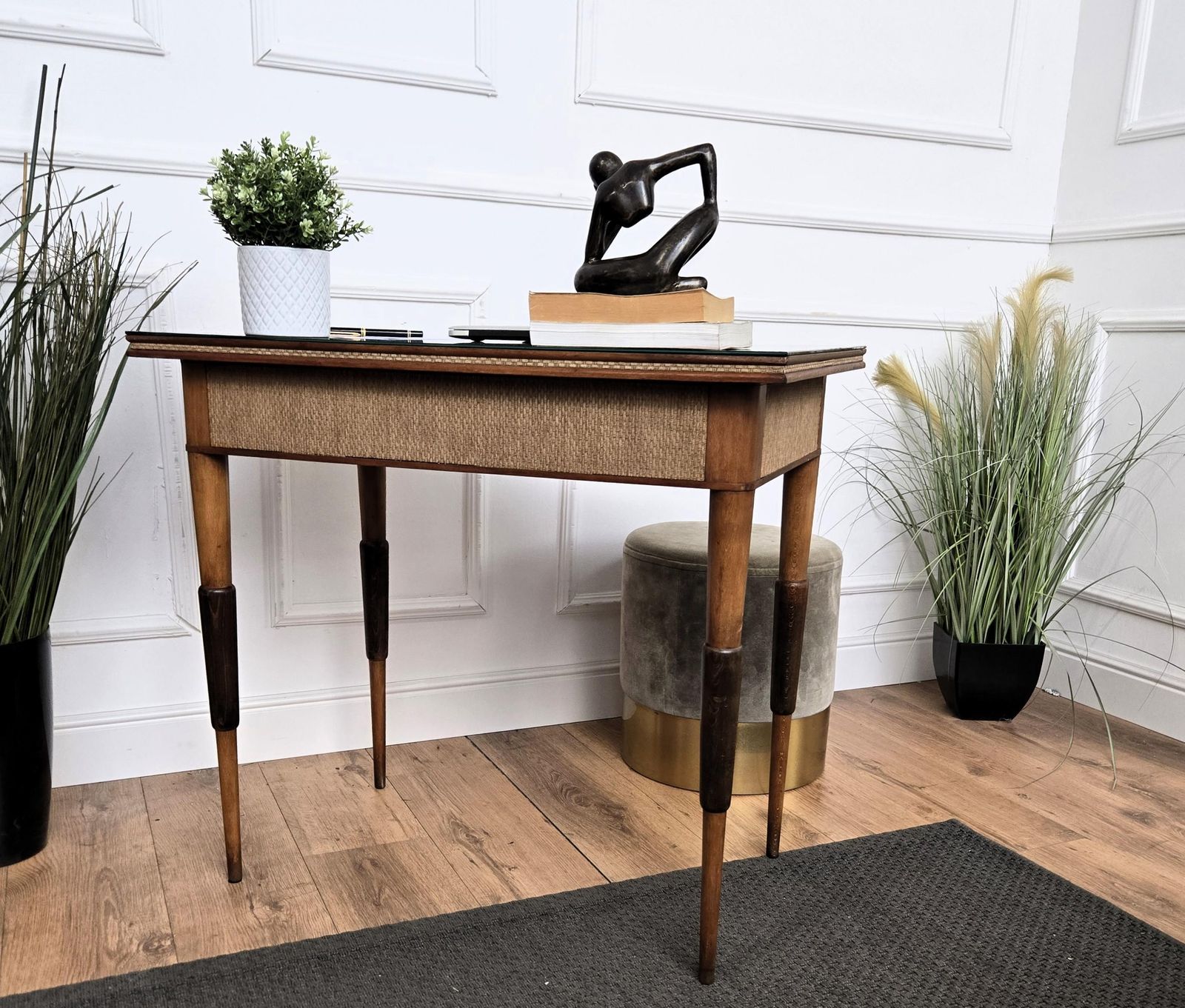 1960s Mid Century Italian Walnut Rattan And Black Glass Top Writing Desk Table photo 1382.0