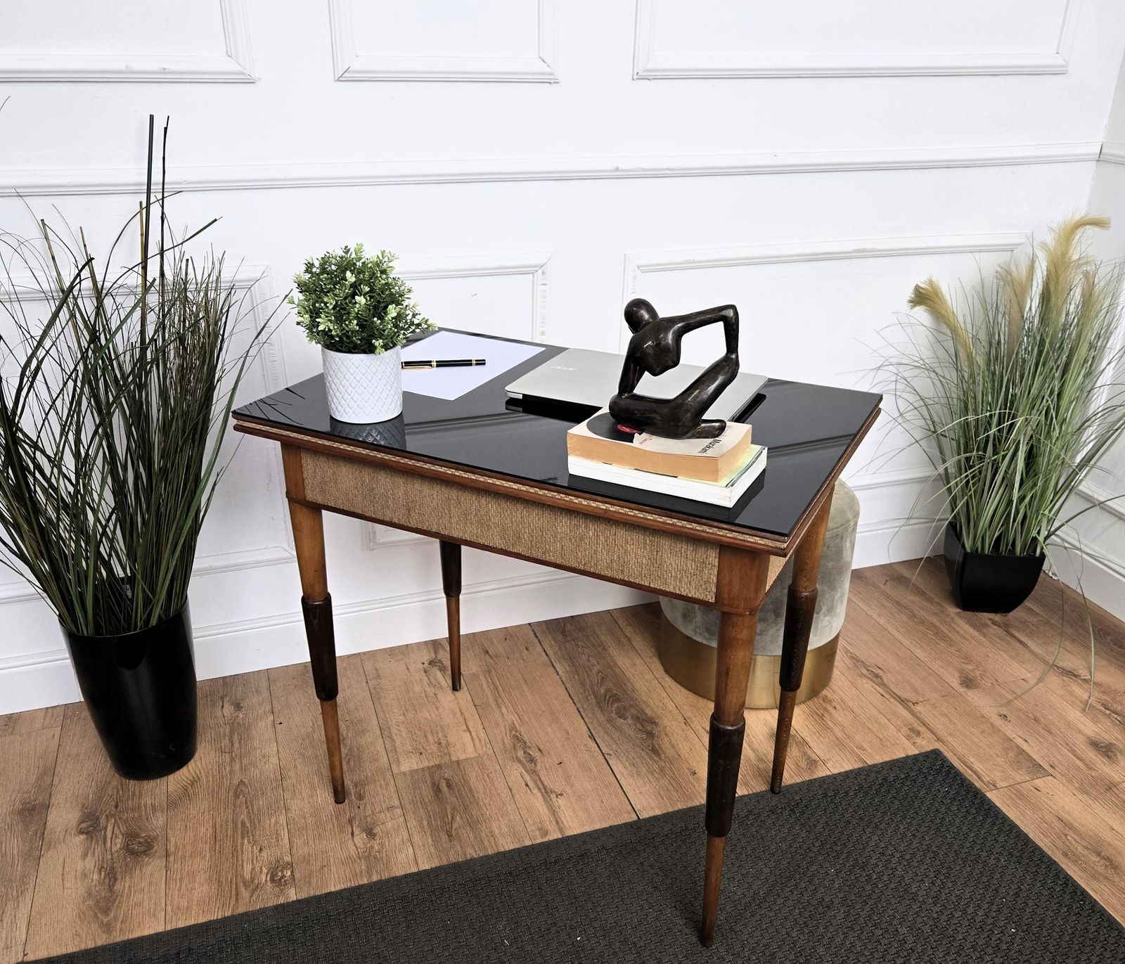 1960s Mid Century Italian Walnut Rattan And Black Glass Top Writing Desk Table photo vinterior
