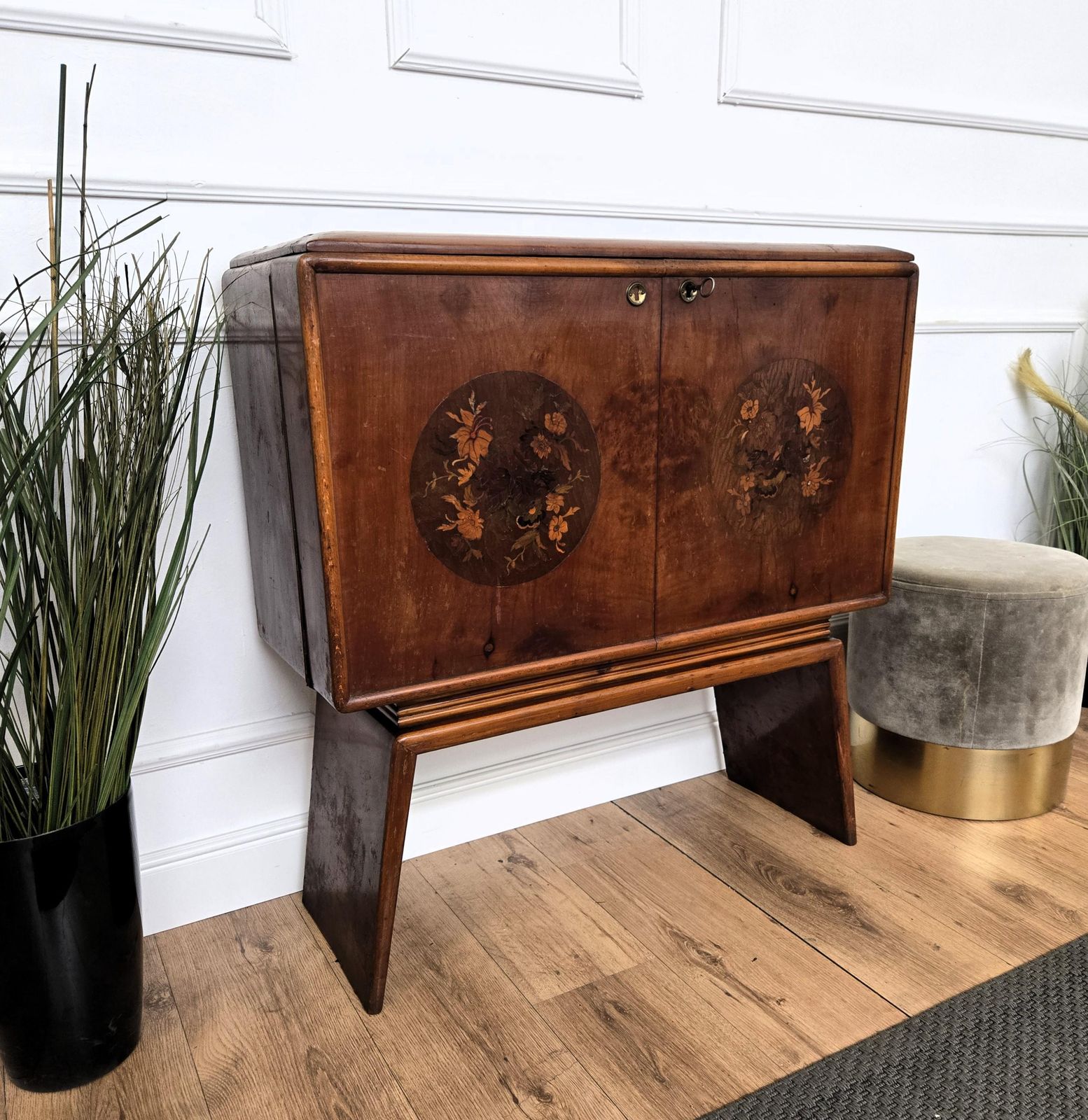 1950s Art Deco Mid Century Italian Walnut Mirror Mosaic Sideboard Bar Cabinet photo buy