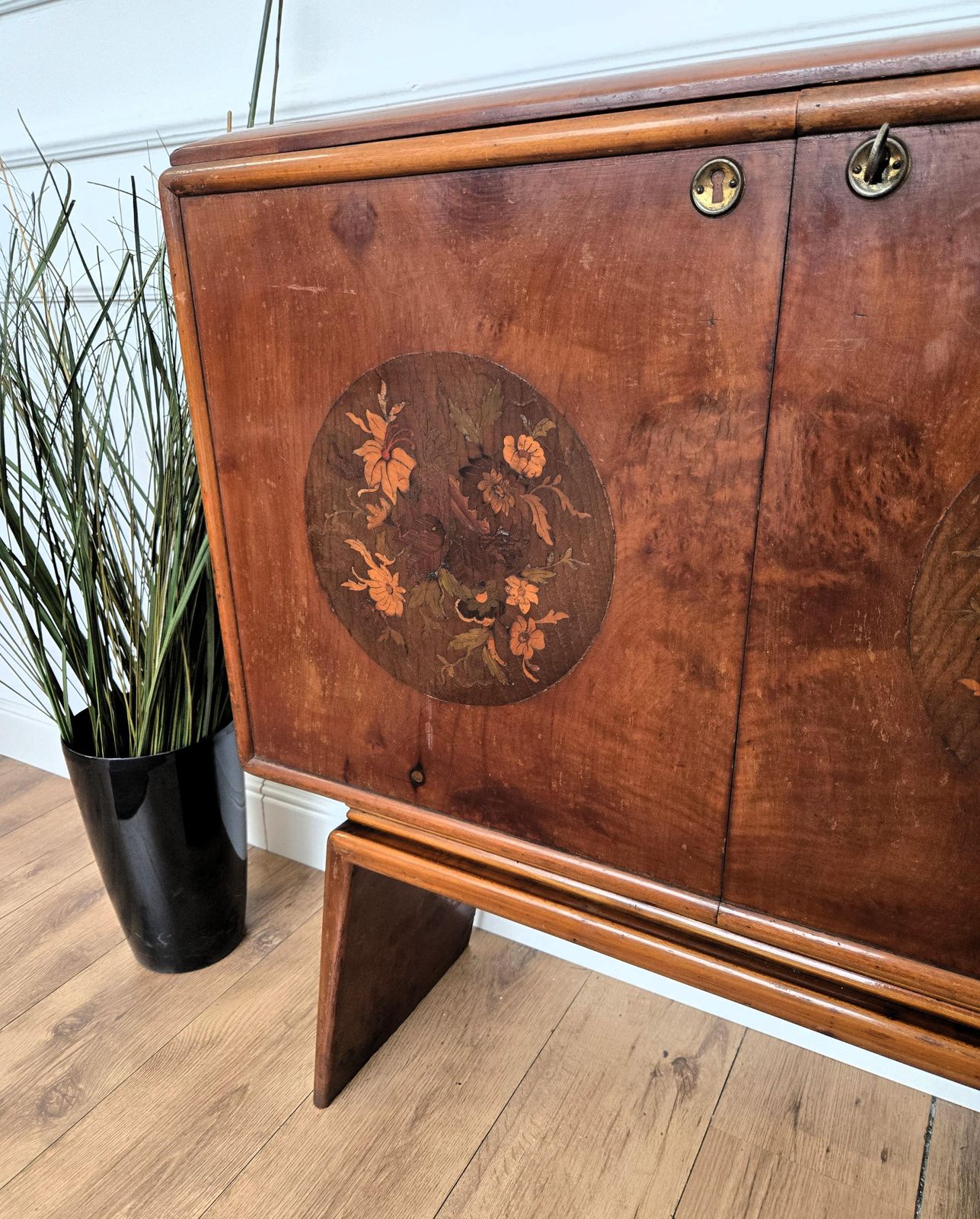 1950s Art Deco Mid Century Italian Walnut Mirror Mosaic Sideboard Bar Cabinet photo vintage