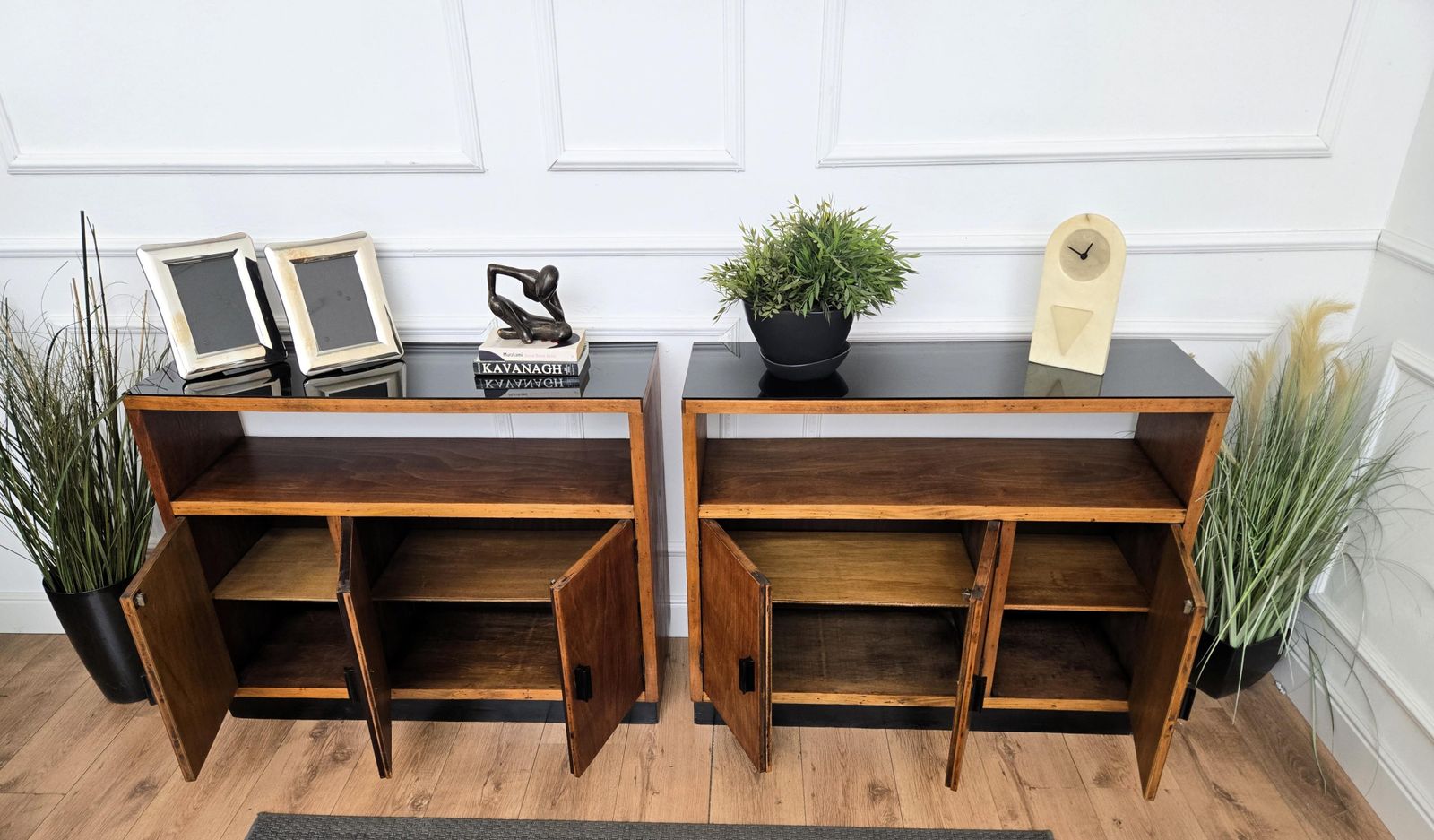 Pair Of 70s Mid Century Regency Art Deco Italian Wood Console Sideboard Credenza photo vinterior
