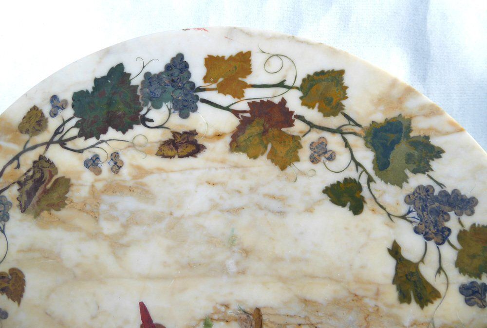 Antique French Italian Wrought Iron Coffee Tablr Witn Pietra Dura Marble Top And Pattern Of Vignes And Cherub, 1890s photo vinterior