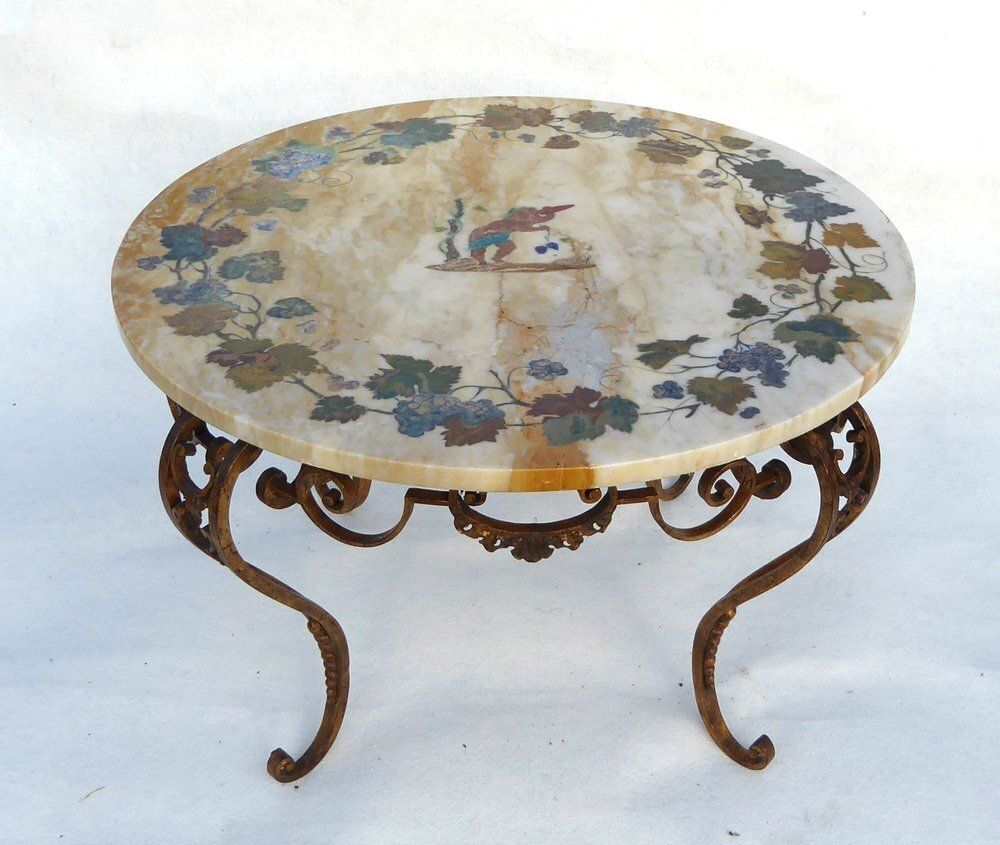 photo furniture Antique French Italian Wrought Iron Coffee Tablr Witn Pietra Dura Marble Top And Pattern Of Vignes And Cherub, 1890s