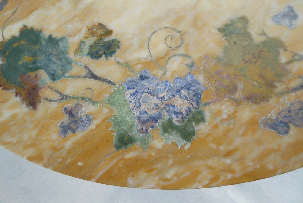 photo buy Antique French Italian Wrought Iron Coffee Tablr Witn Pietra Dura Marble Top And Pattern Of Vignes And Cherub, 1890s