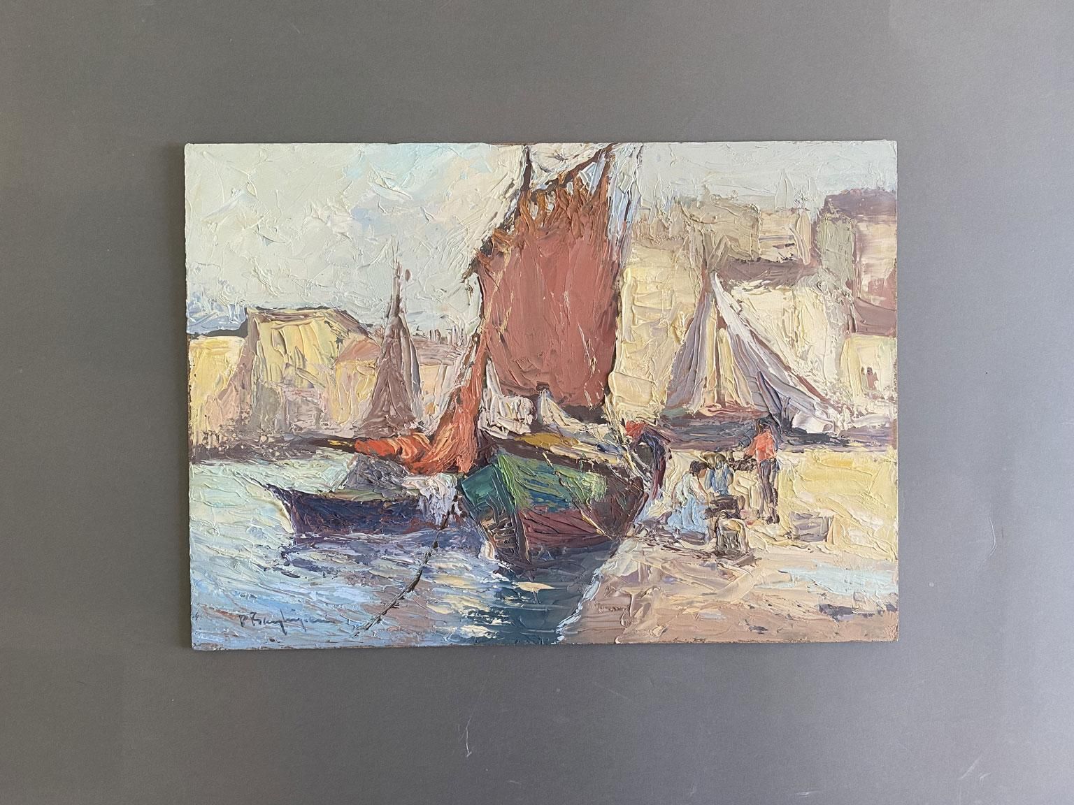Seascape Oil Painting Of Sailboats, Post Impressionist, Signed, 1979 photo furniture