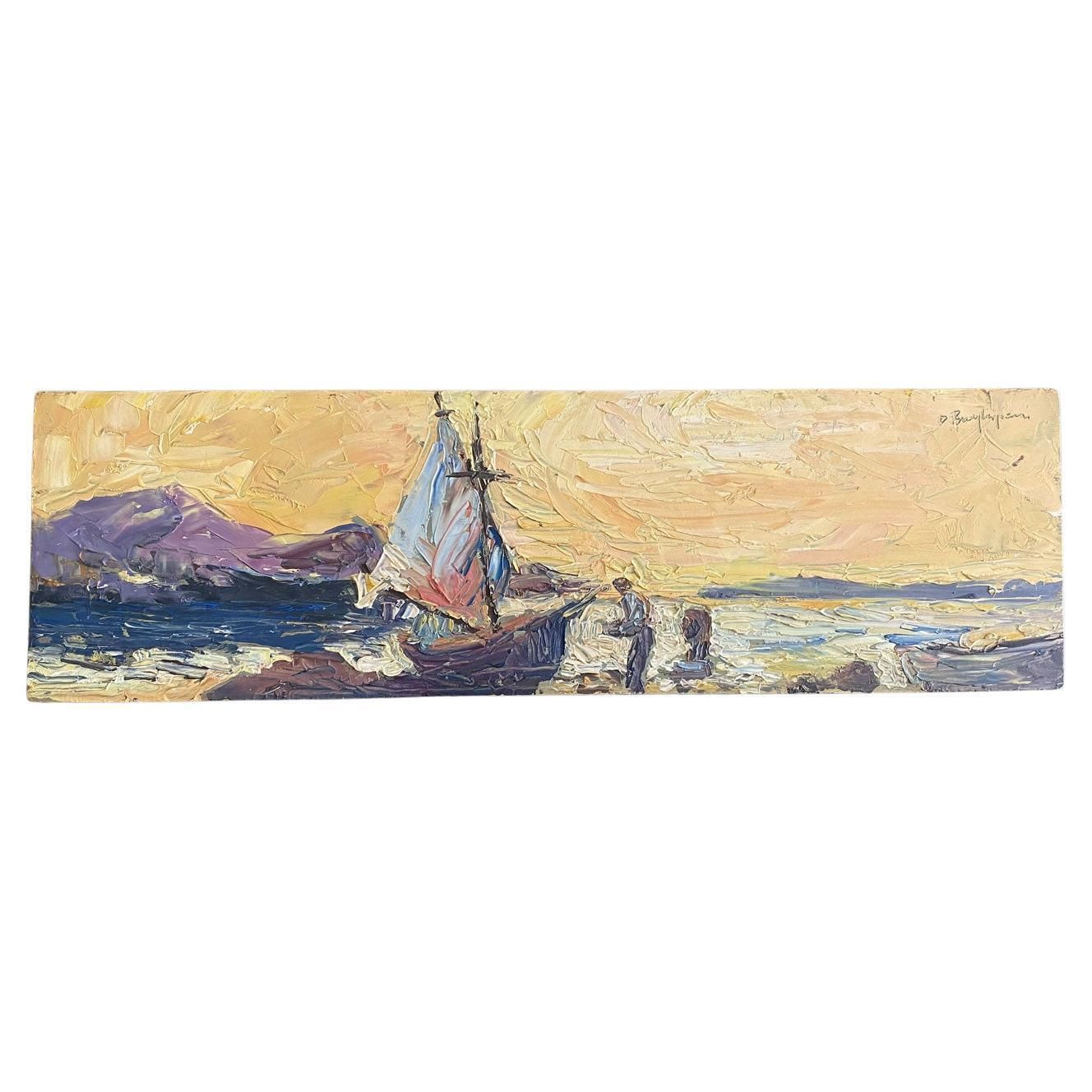 Seascape Oil Painting With Sailboat And Figures, Signed, Italy, 1978