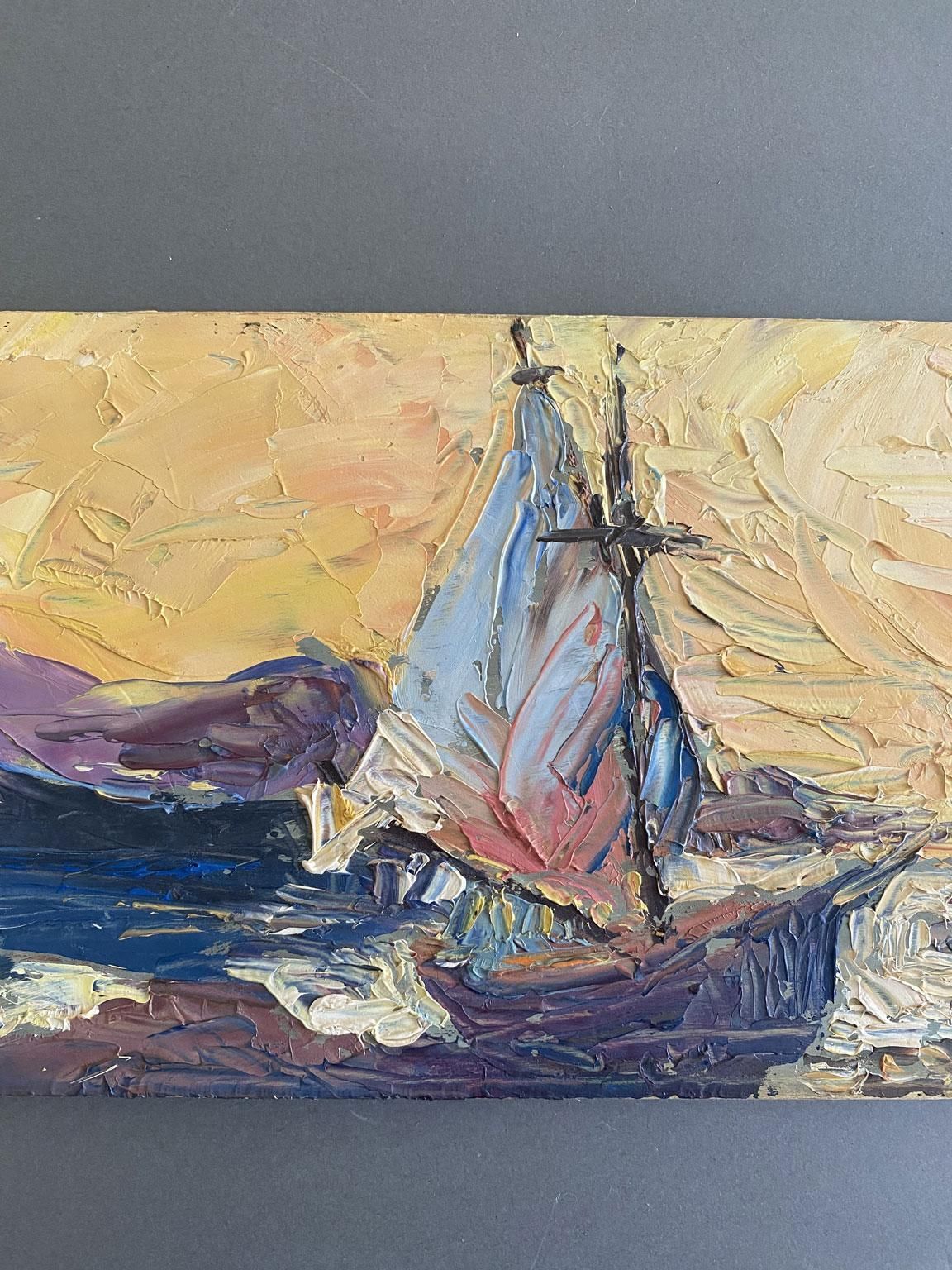 Seascape Oil Painting With Sailboat And Figures, Signed, Italy, 1978 photo Art
