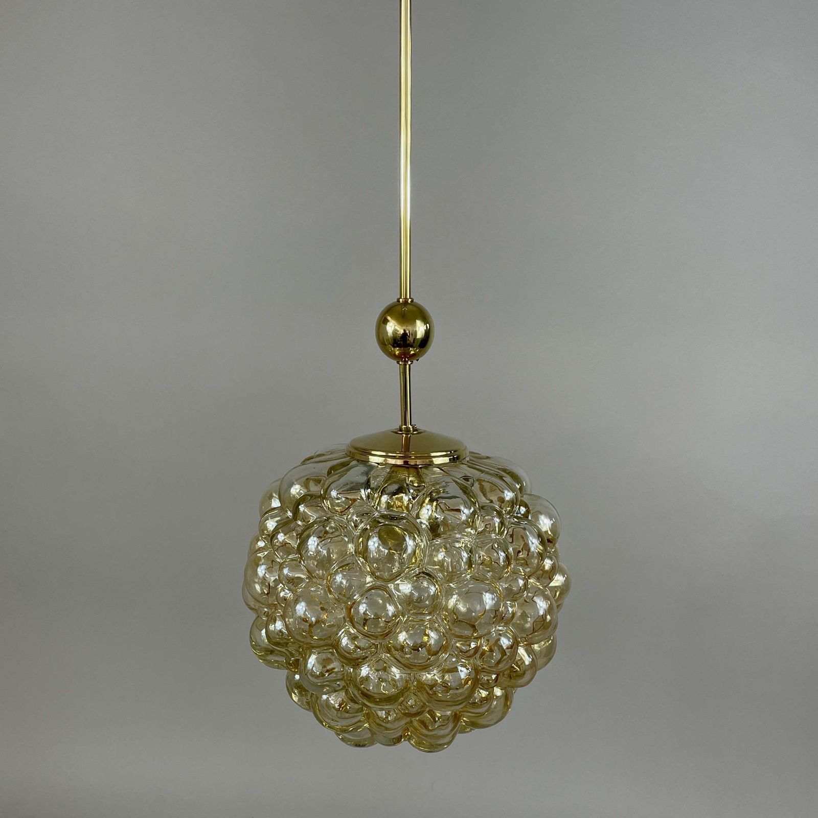 Amber Bubble Glass & Brass Pendant By Helena Tynell For Limburg, Germany 1960s photo for sale