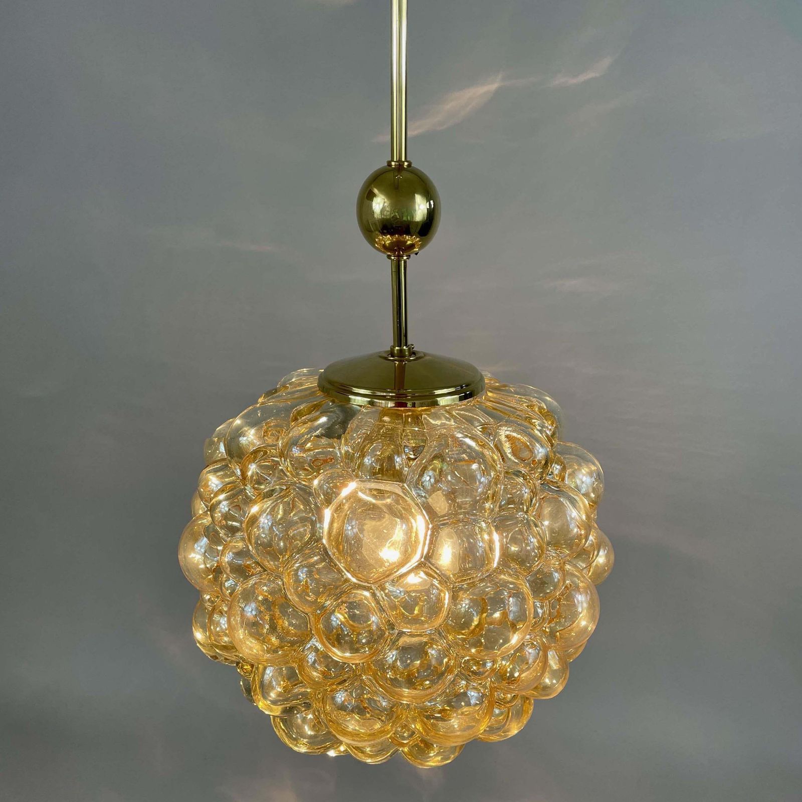 Amber Bubble Glass & Brass Pendant By Helena Tynell For Limburg, Germany 1960s photo 1232.0