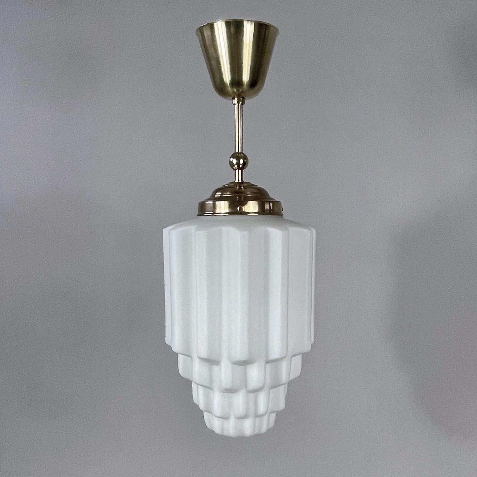 Art Deco White Opaline Glass & Brass Skyscraper Pendant, France 1930s photo furniture