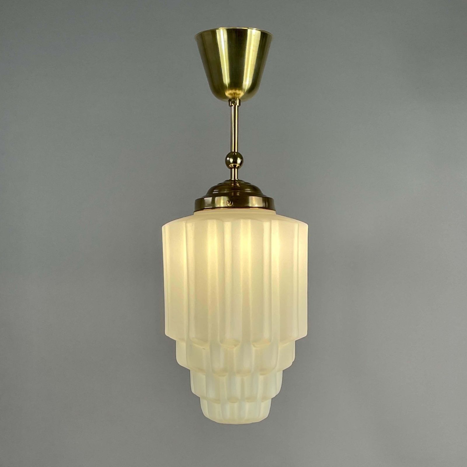 Art Deco White Opaline Glass & Brass Skyscraper Pendant, France 1930s photo for sale