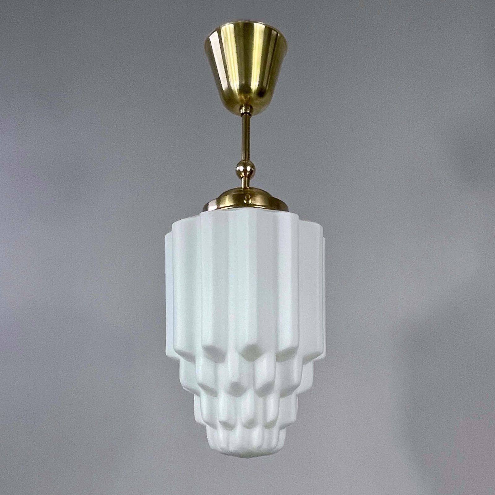 Art Deco White Opaline Glass & Brass Skyscraper Pendant, France 1930s photo Lighting