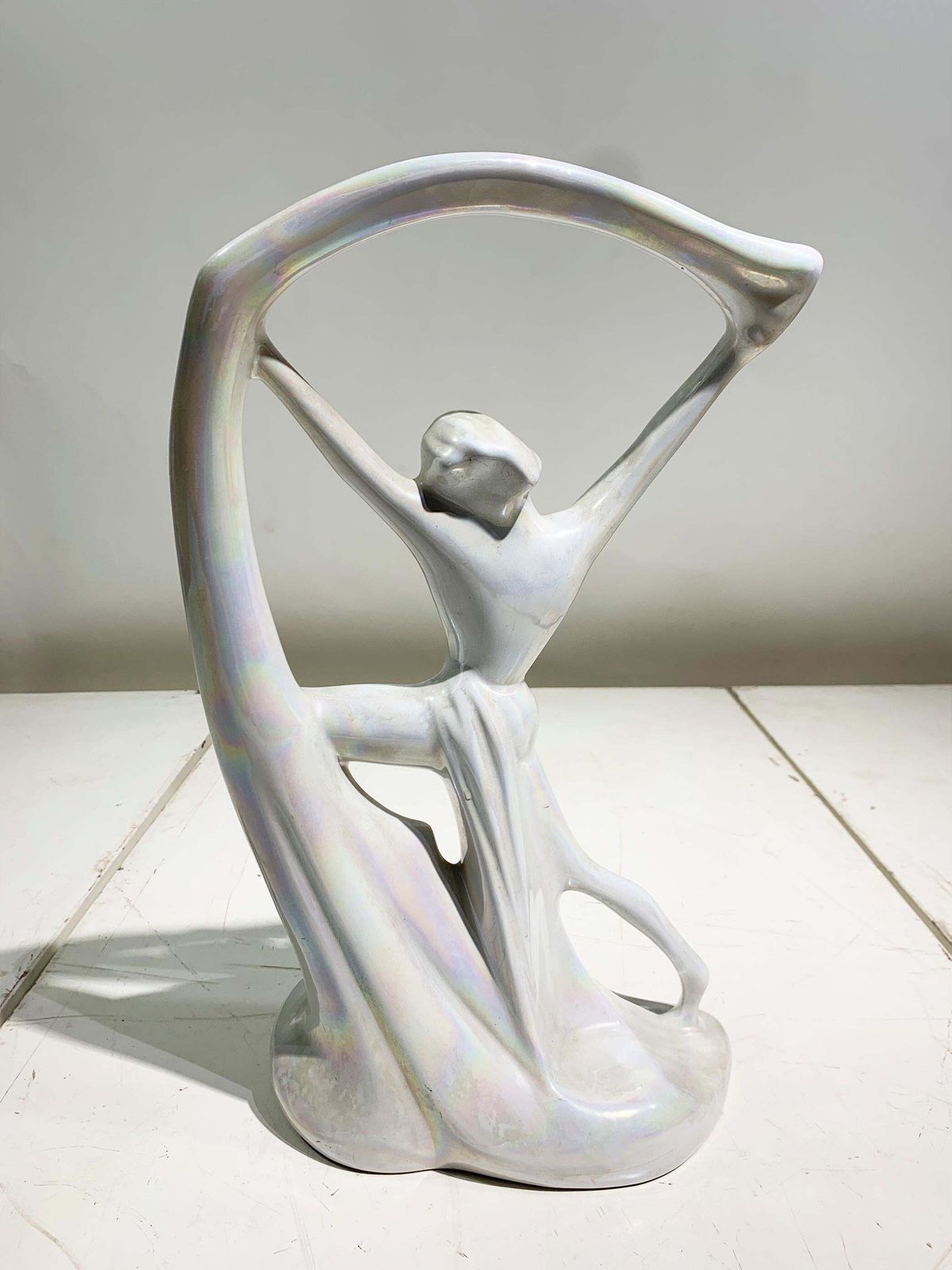 Art Nouveau Iridescent Pearl Porcelain Nude Scarf Dancer Statue, Circa 1940's photo vintage