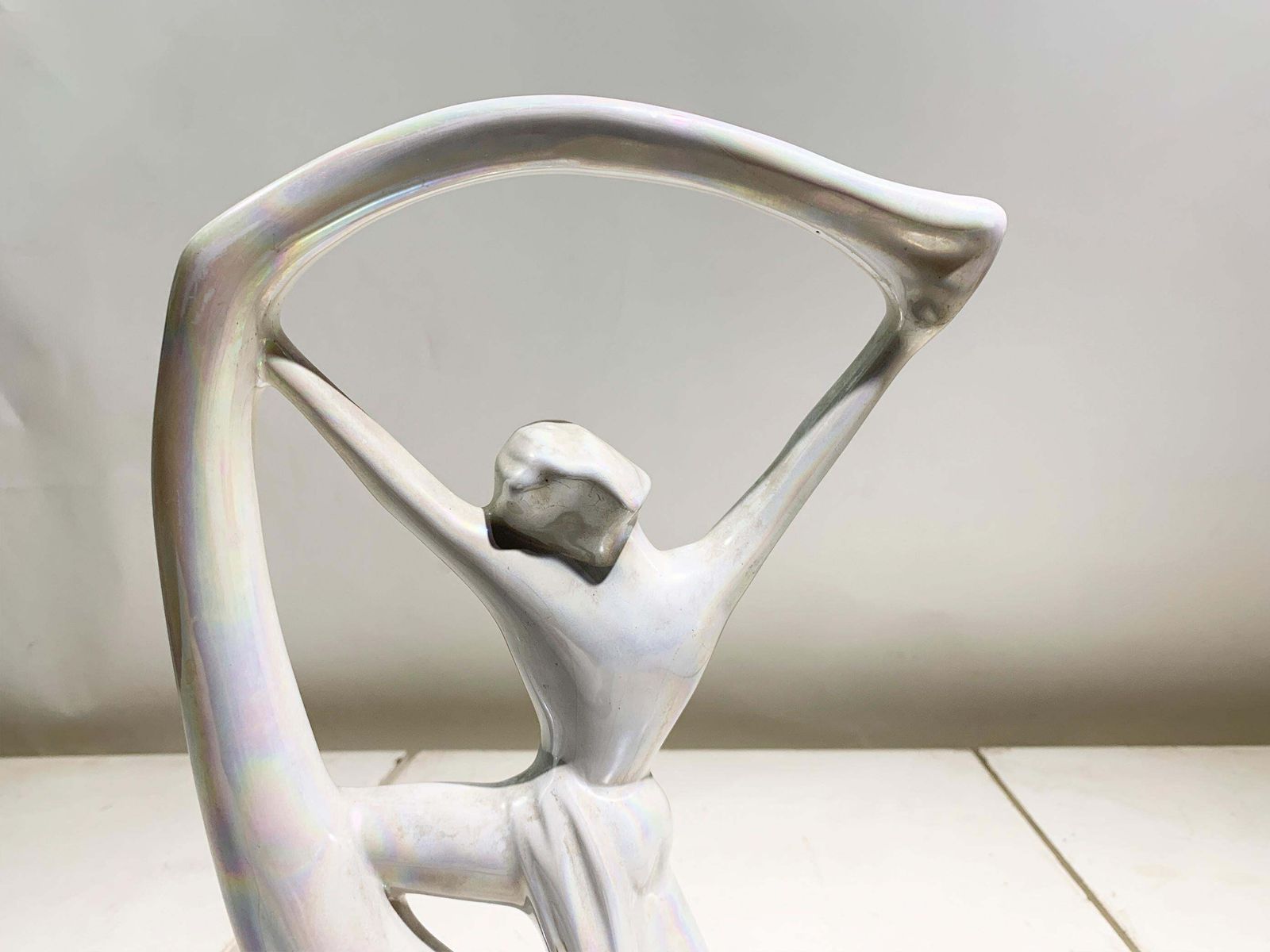 photo furniture Art Nouveau Iridescent Pearl Porcelain Nude Scarf Dancer Statue, Circa 1940's