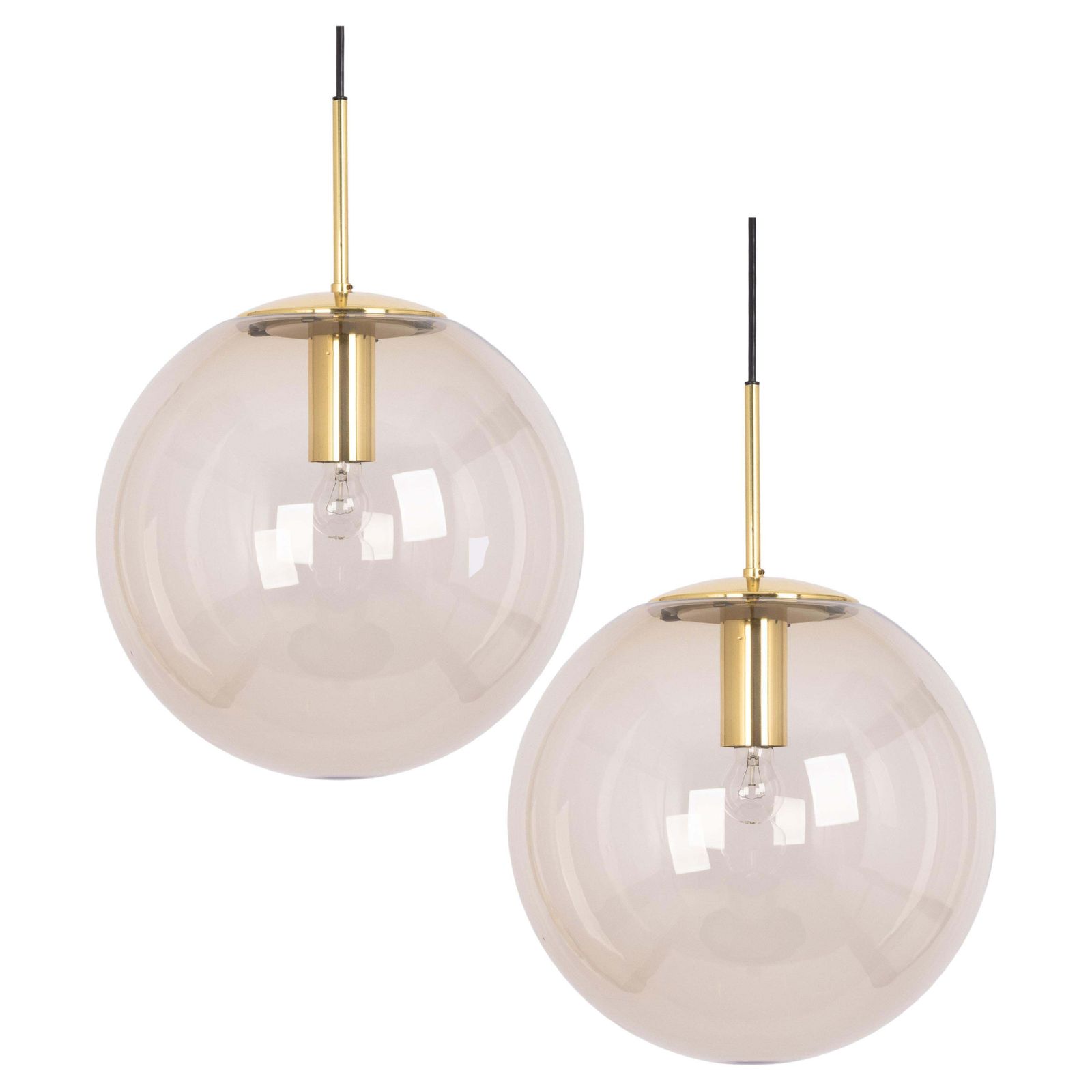1 Of 5 Large Limburg Brass With Smoked Glass Ball Pendant, Germany, 1970s