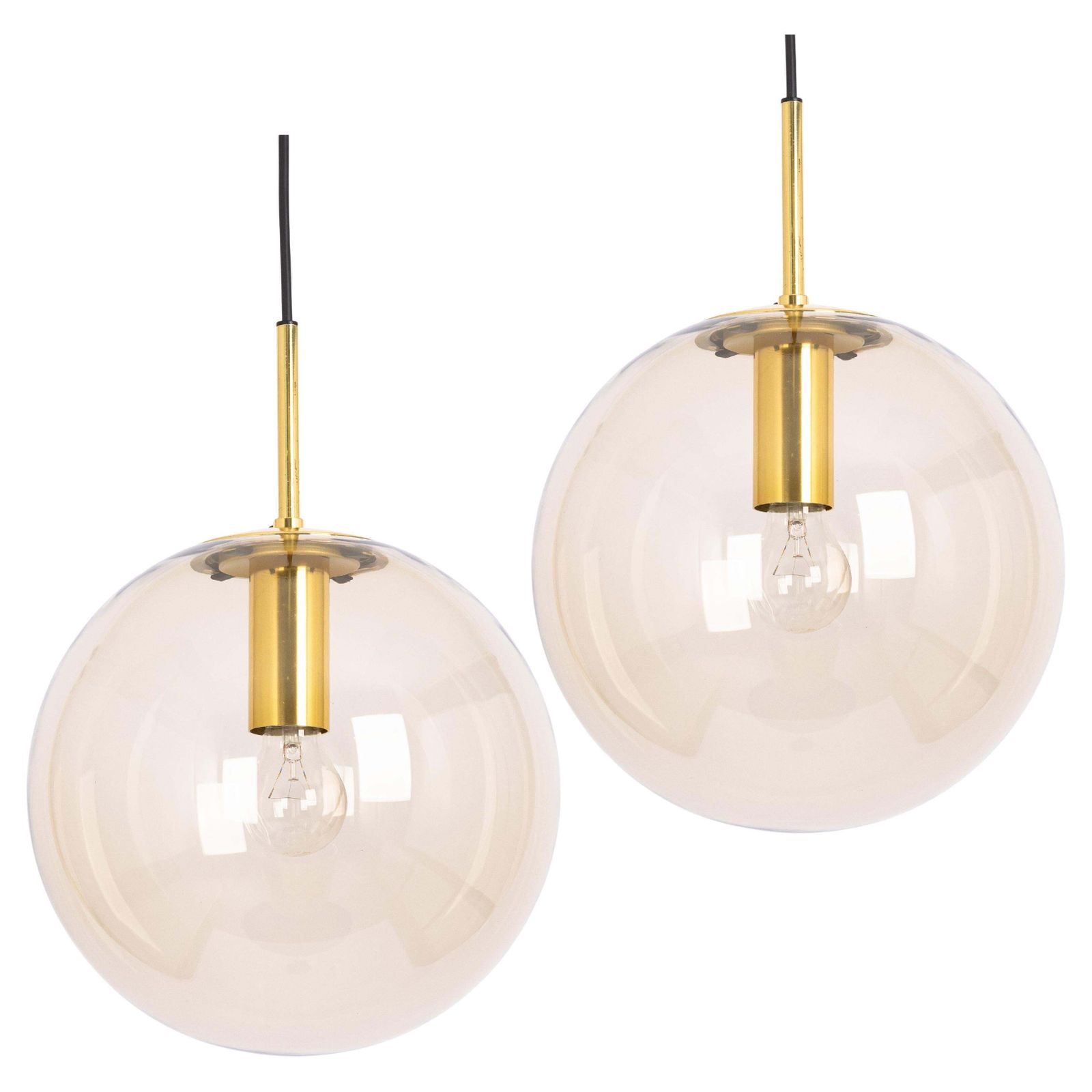 1 Of 4 Large Limburg Brass With Smoked Glass Ball Pendant, Germany, 1970s