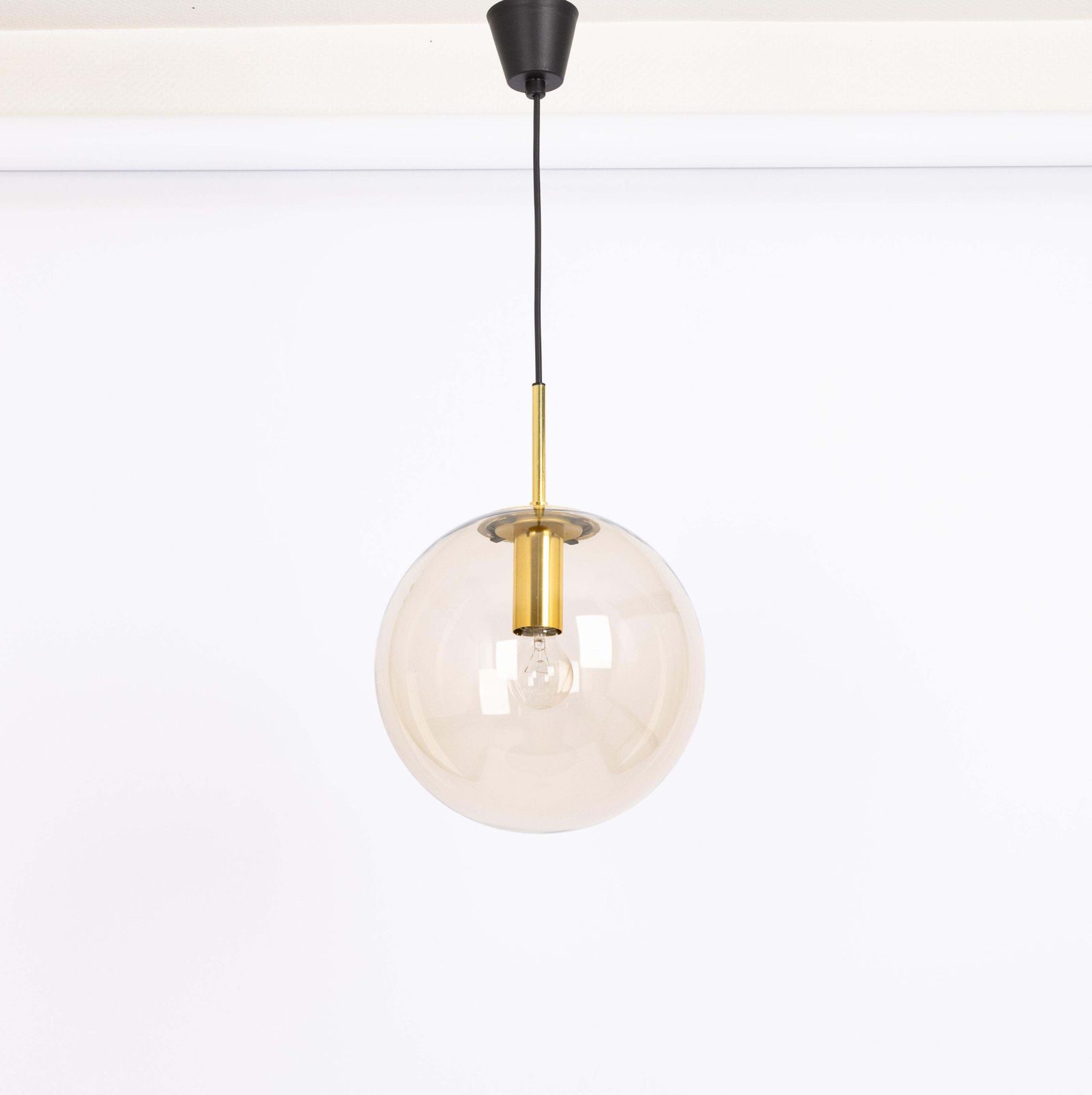 1 Of 4 Large Limburg Brass With Smoked Glass Ball Pendant, Germany, 1970s photo Lighting