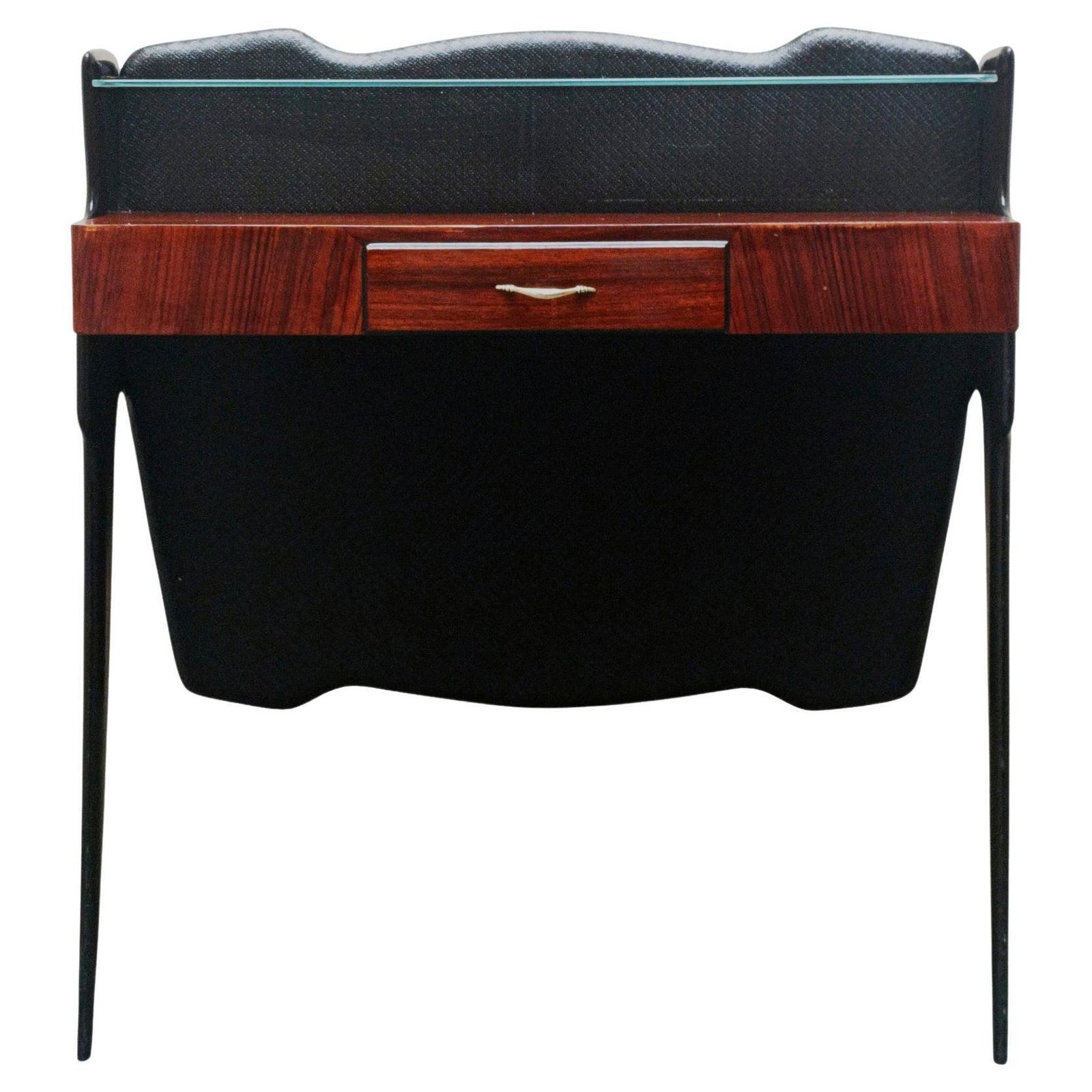 Wooden Wall Console Table With Glass Shelf And Drawer, Italy 1950s