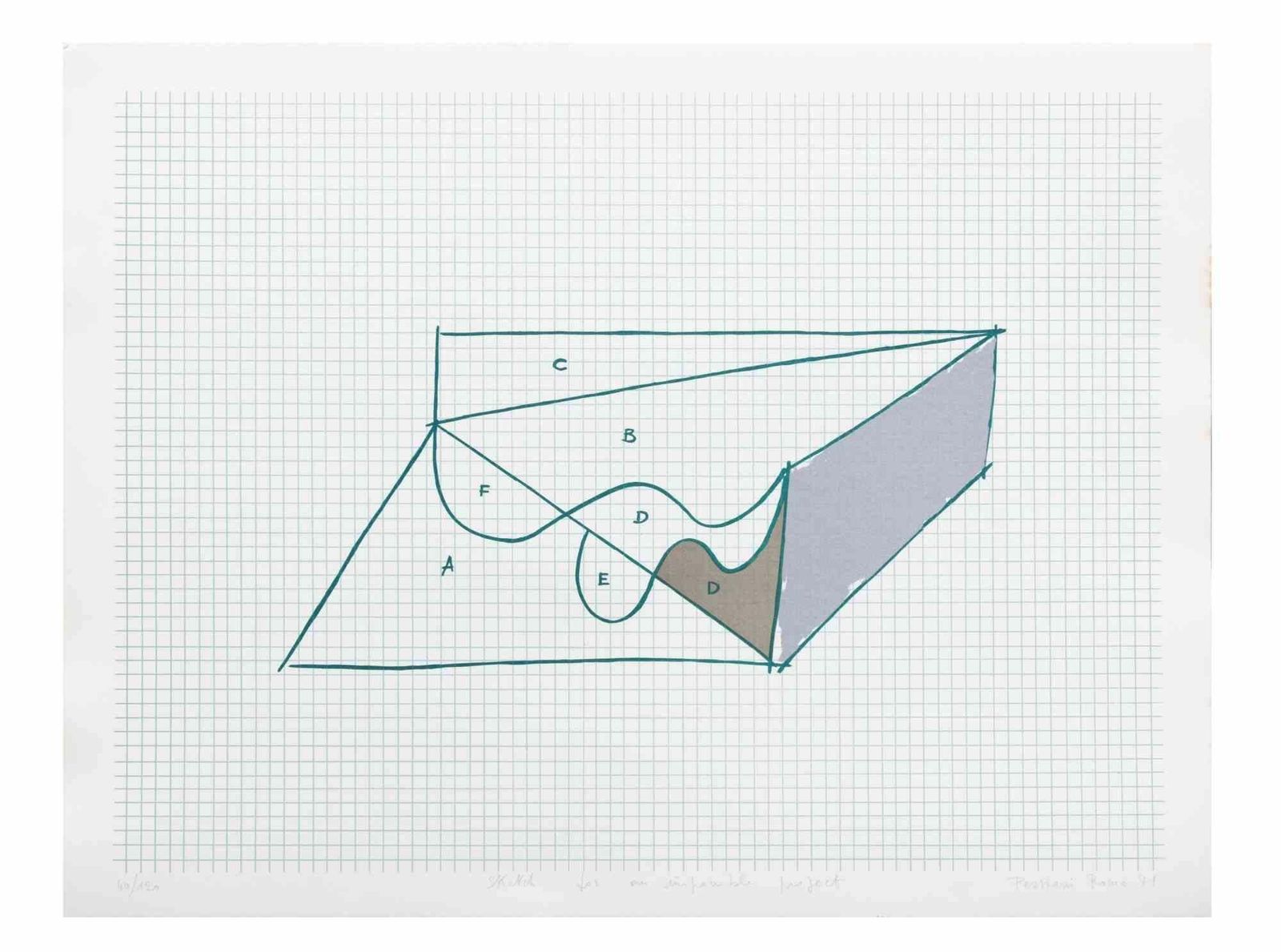 Costantino Persianisketch For An Impossible Project   Lithograph By Costantino Persiani   19711971