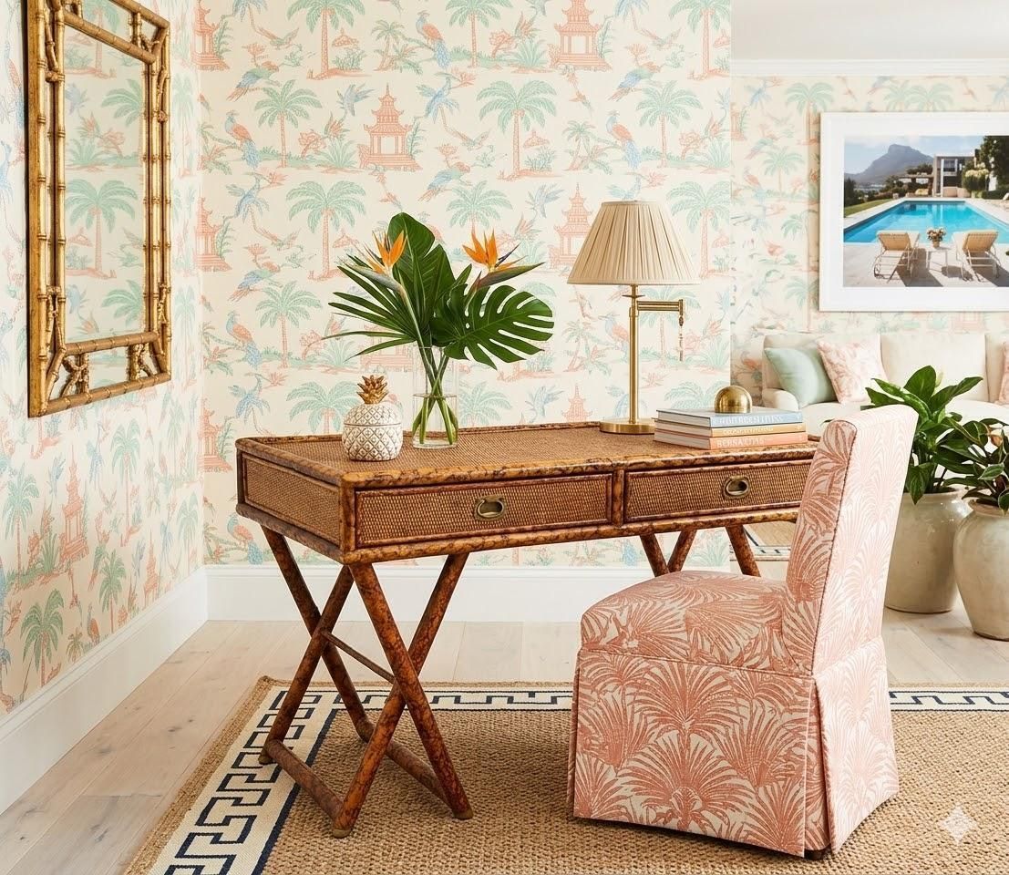 Hollywood Regency Faux Bamboo Cane Desk With Tortoise Finish, 1970s photo vinterior