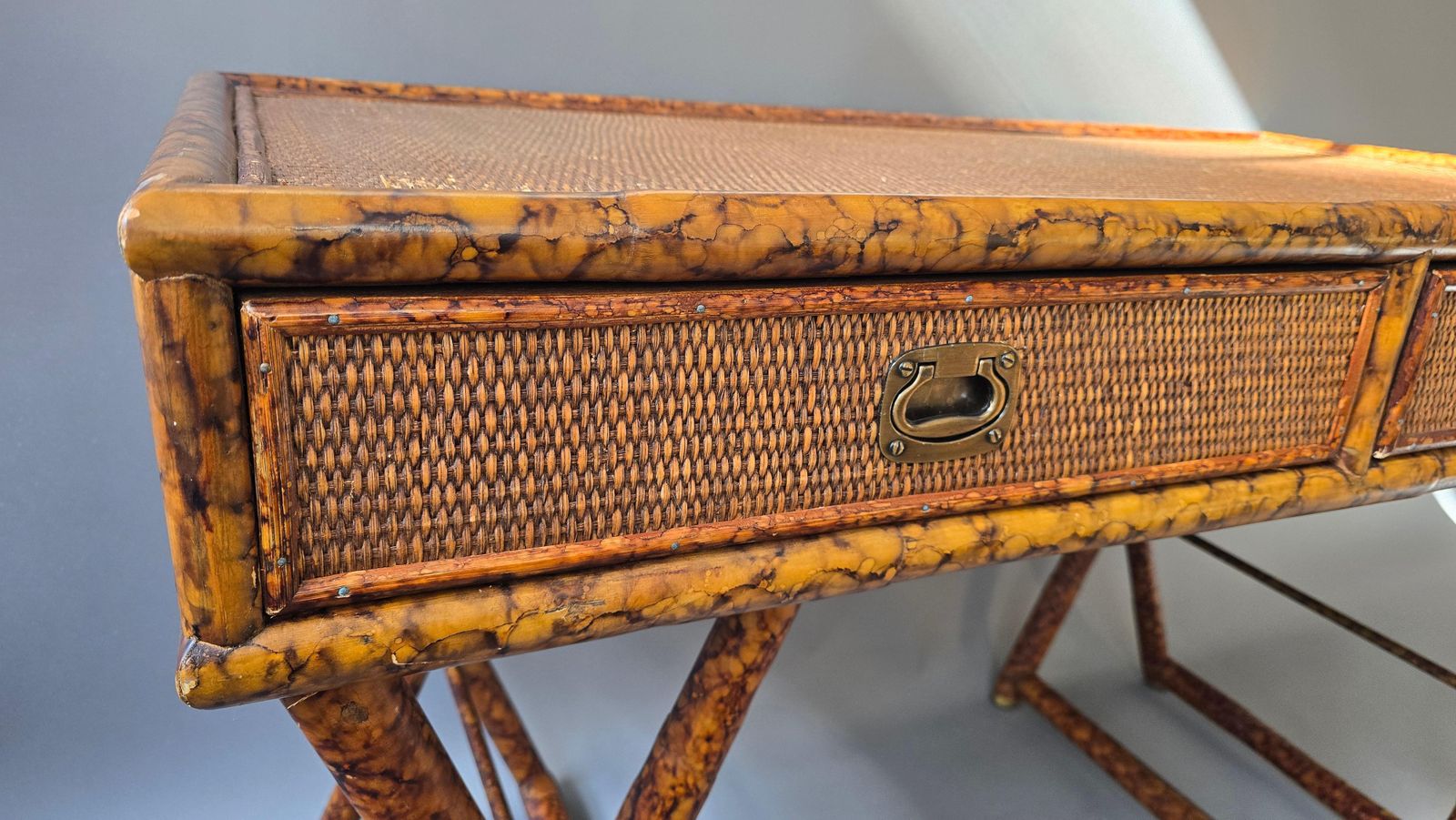 Hollywood Regency Faux Bamboo Cane Desk With Tortoise Finish, 1970s photo buy