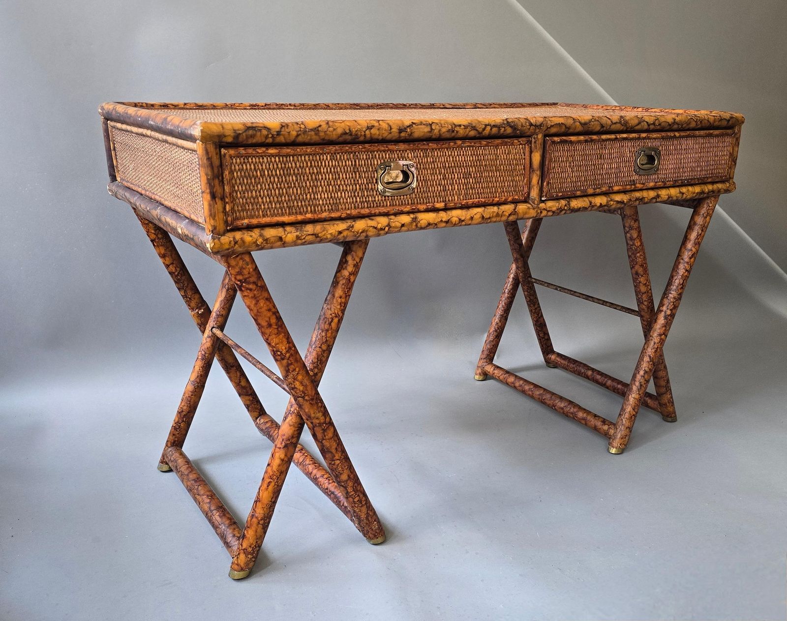photo furniture Hollywood Regency Faux Bamboo Cane Desk With Tortoise Finish, 1970s