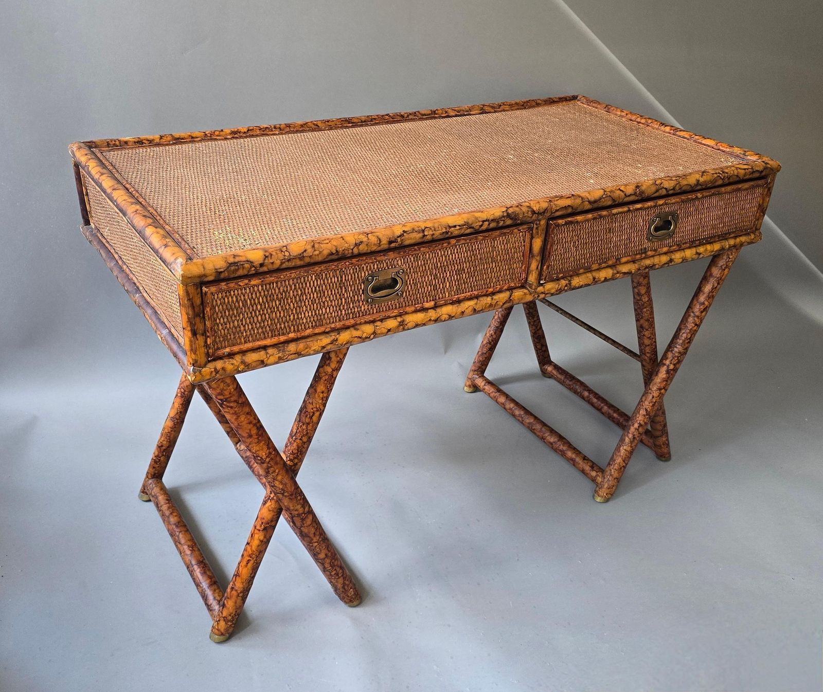 photo for sale Hollywood Regency Faux Bamboo Cane Desk With Tortoise Finish, 1970s