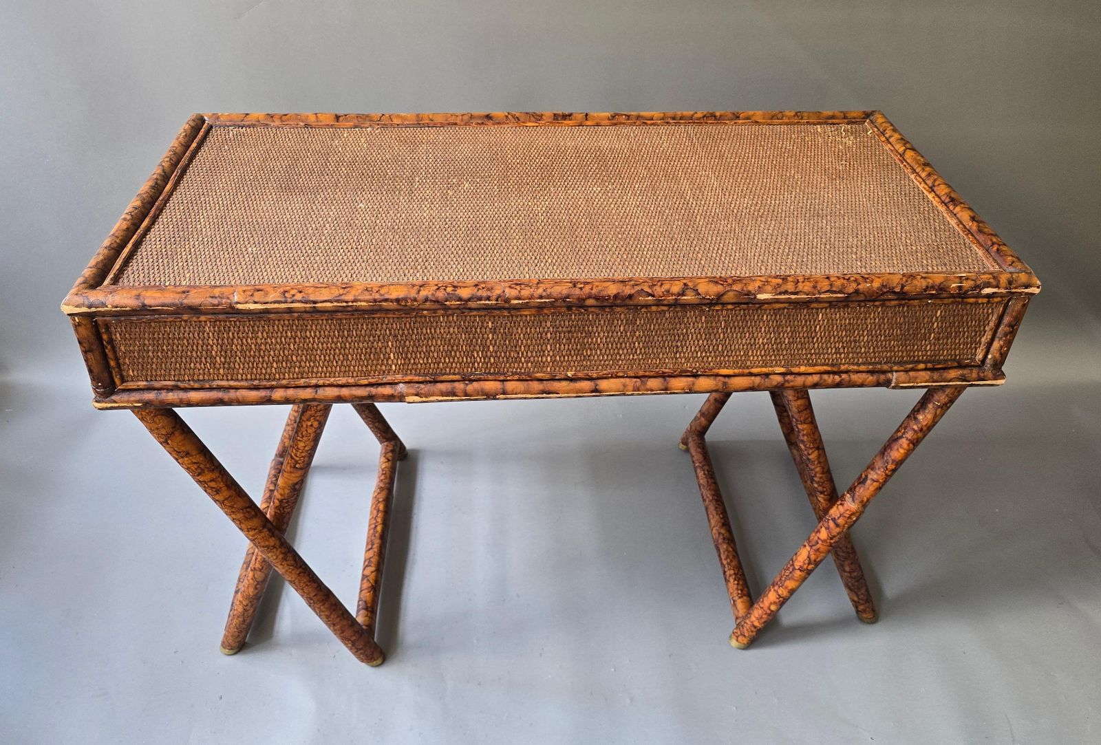2358.0 Hollywood Regency Faux Bamboo Cane Desk With Tortoise Finish, 1970s photo