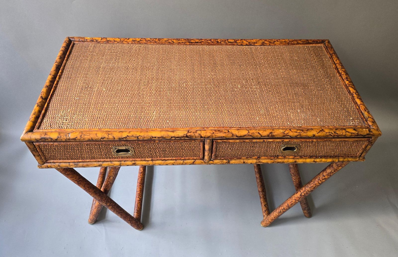 photo vintage Hollywood Regency Faux Bamboo Cane Desk With Tortoise Finish, 1970s