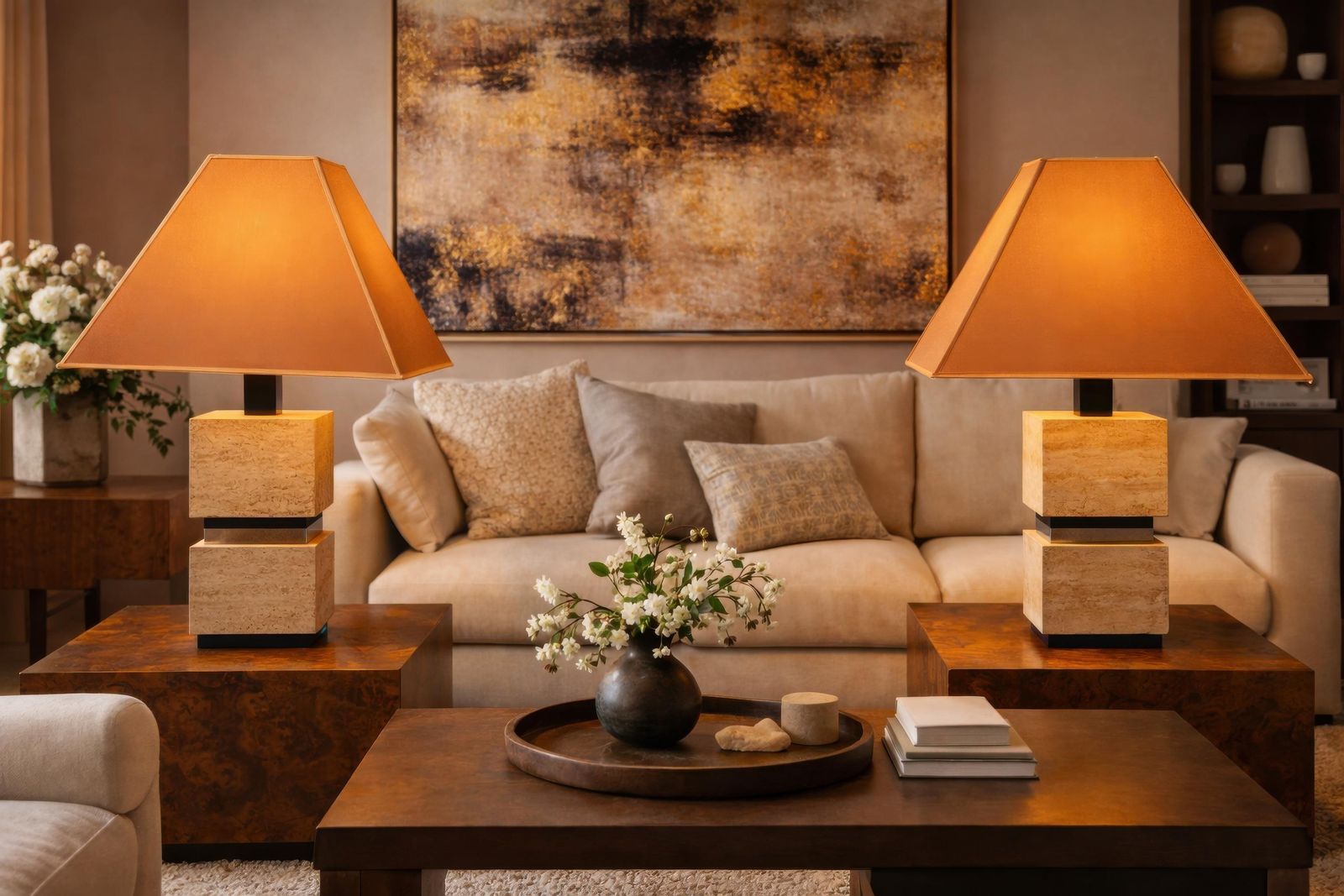 Pair Of Sculptural French Travertine Table Lamps With Original Peach Shades 1970 photo furniture