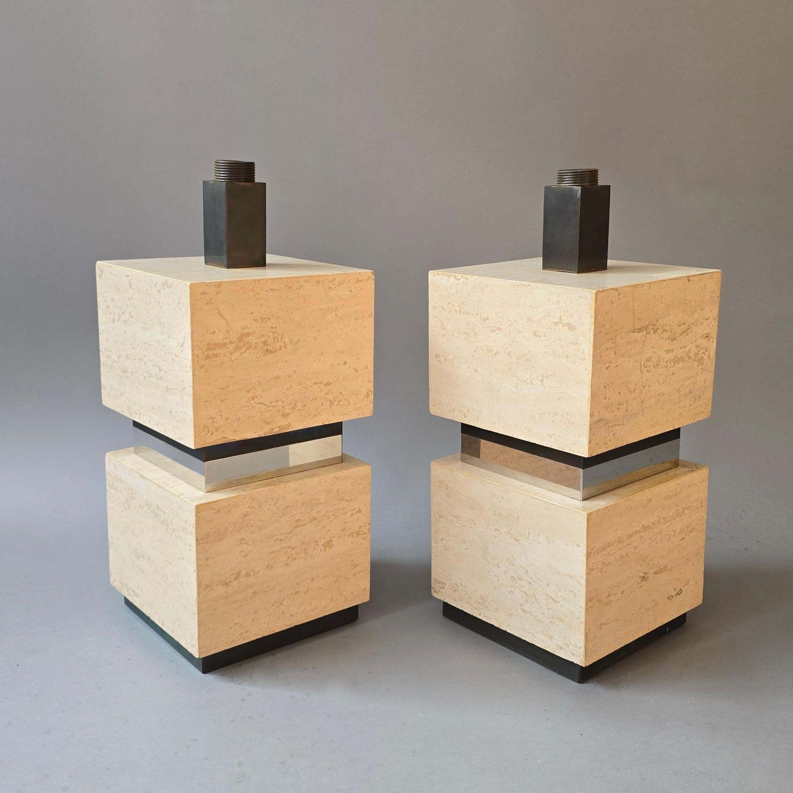 Pair Of Sculptural French Travertine Table Lamps With Original Peach Shades 1970 photo 4704.0