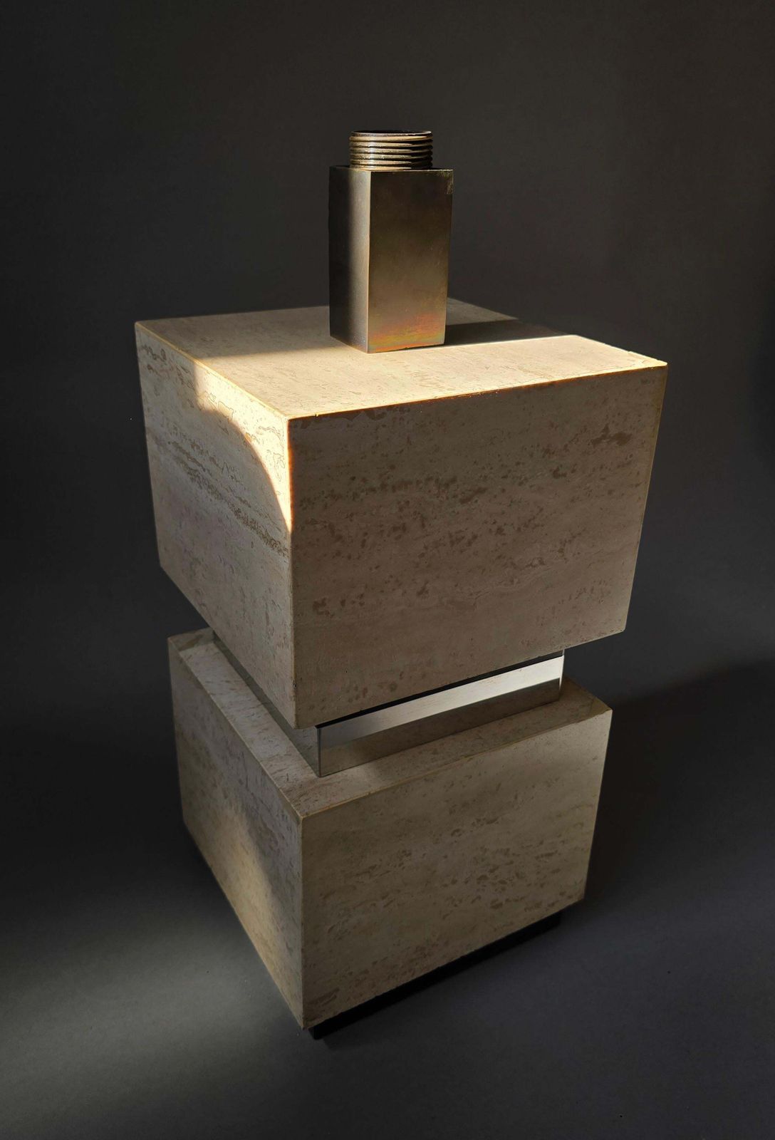 Pair Of Sculptural French Travertine Table Lamps With Original Peach Shades 1970 photo buy