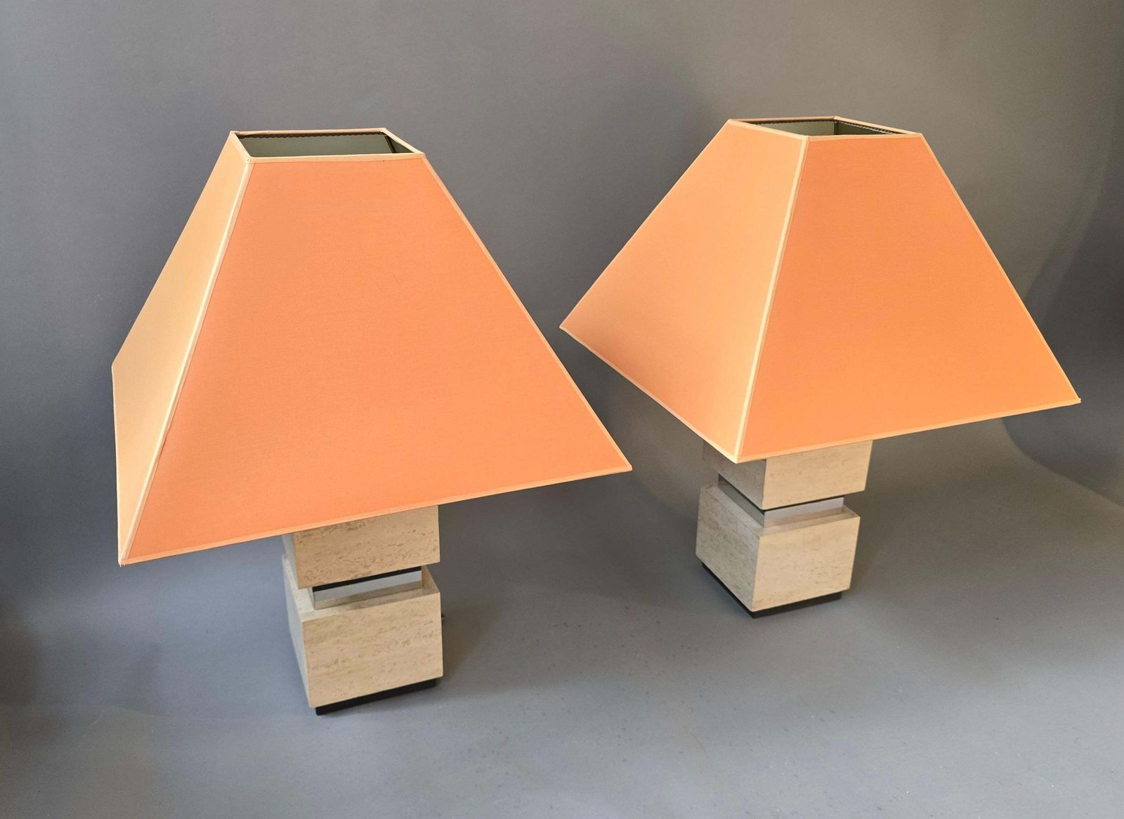 photo furniture Pair Of Sculptural French Travertine Table Lamps With Original Peach Shades 1970