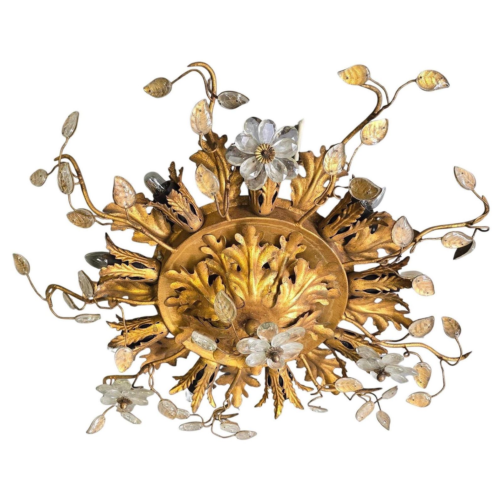 Large Italian Gilt Metal And Crystal Floral Flush Mount, 1960s photo for sale