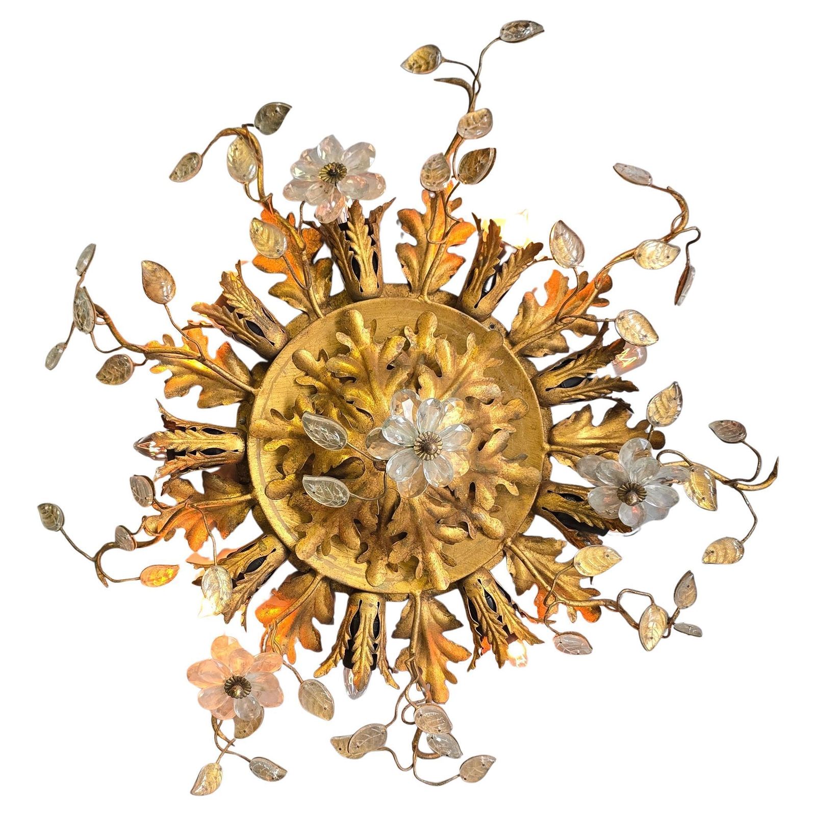 Large Italian Gilt Metal And Crystal Floral Flush Mount, 1960s photo 2526.0