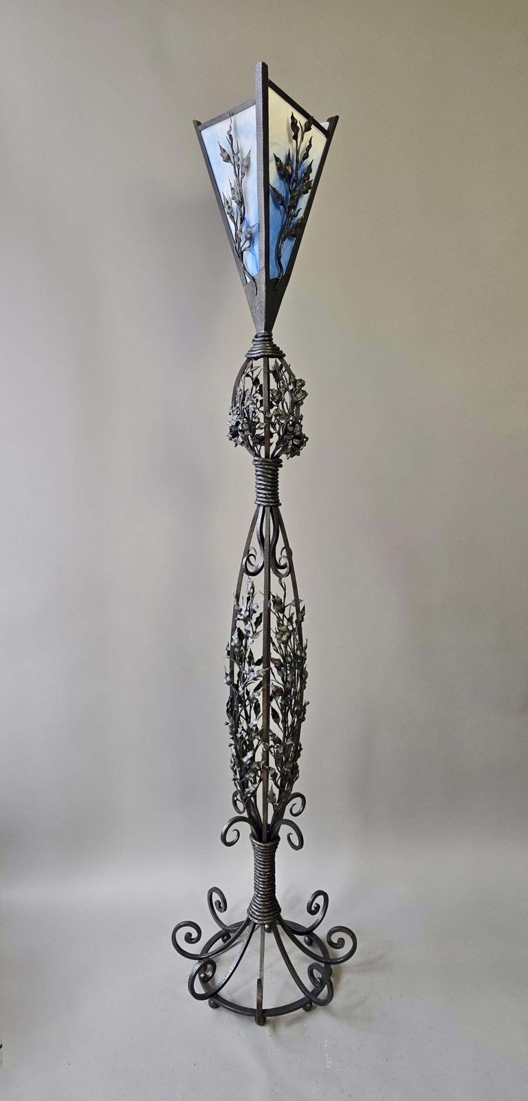 Monumental Art Nouveau Wrought Iron Grapevine Floor Lamp, Signed Van Brandt photo for sale