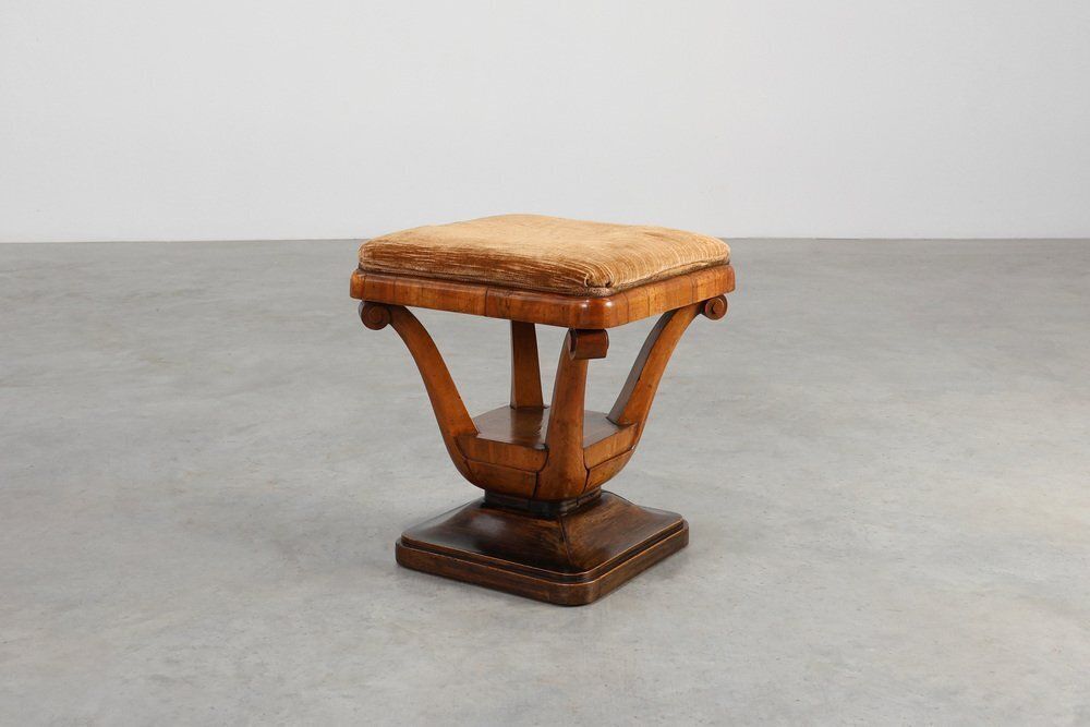 Art Deco Walnut Stool With Fabric, Italy, 1920s photo for sale