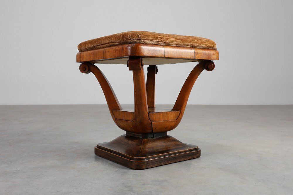 Art Deco Walnut Stool With Fabric, Italy, 1920s photo vinterior