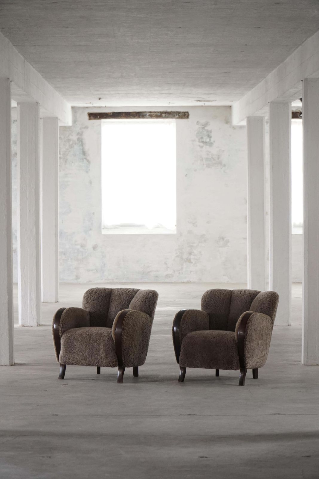 Pair Of Danish Modern Art Deco Lounge Chairs In Lambswool & Birch, 1940s photo Furniture