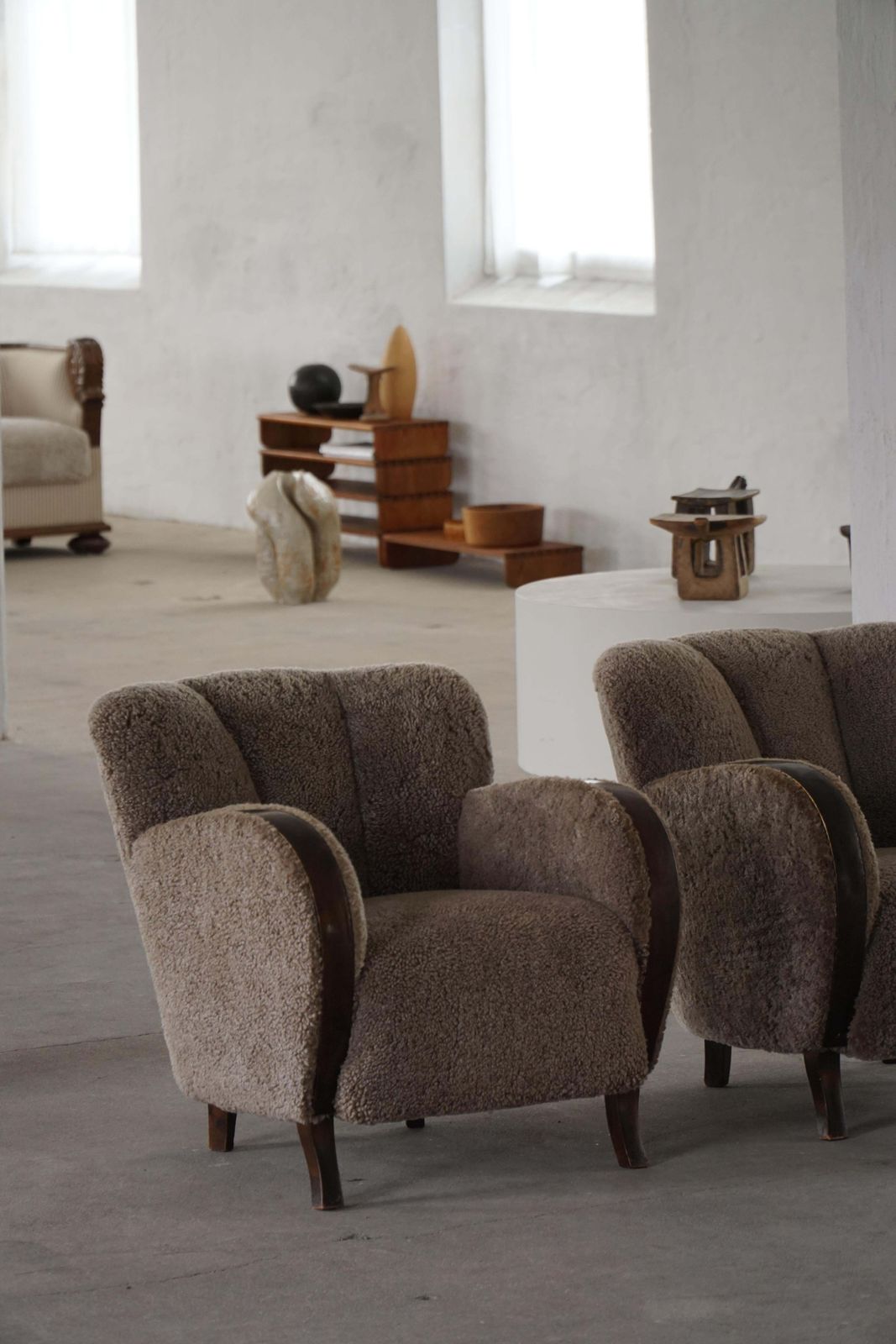 Pair Of Danish Modern Art Deco Lounge Chairs In Lambswool & Birch, 1940s photo vinterior